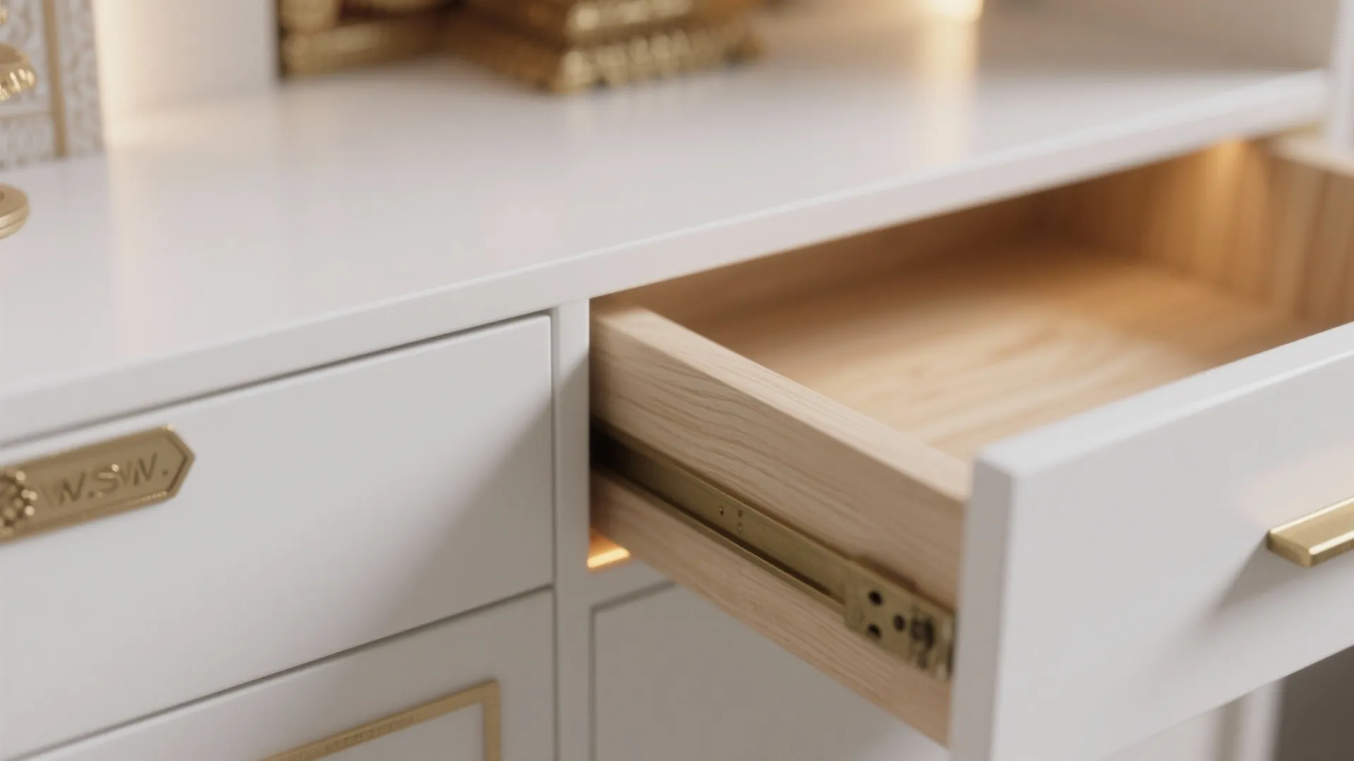 Open white wooden drawer with gold handle showing interior wood and metal sliding rail side