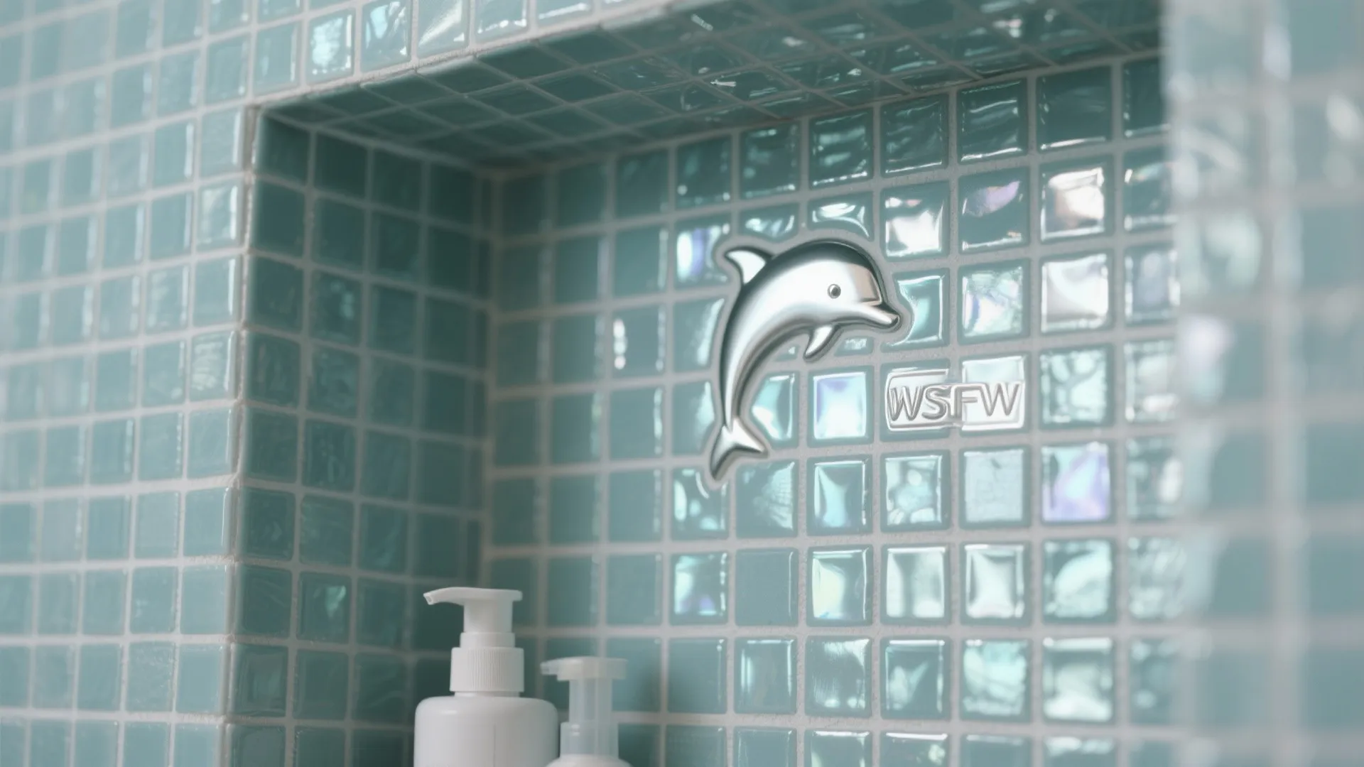Close up of a wall shelf with green mosaic tiles featuring a silver dolphin decoration