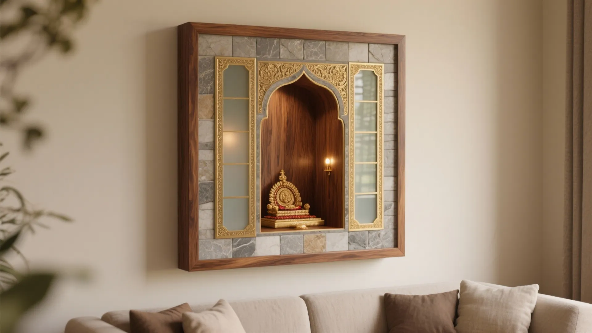 Gold statue inside a small wall wood cabinet with stone tiles above a beige sofa