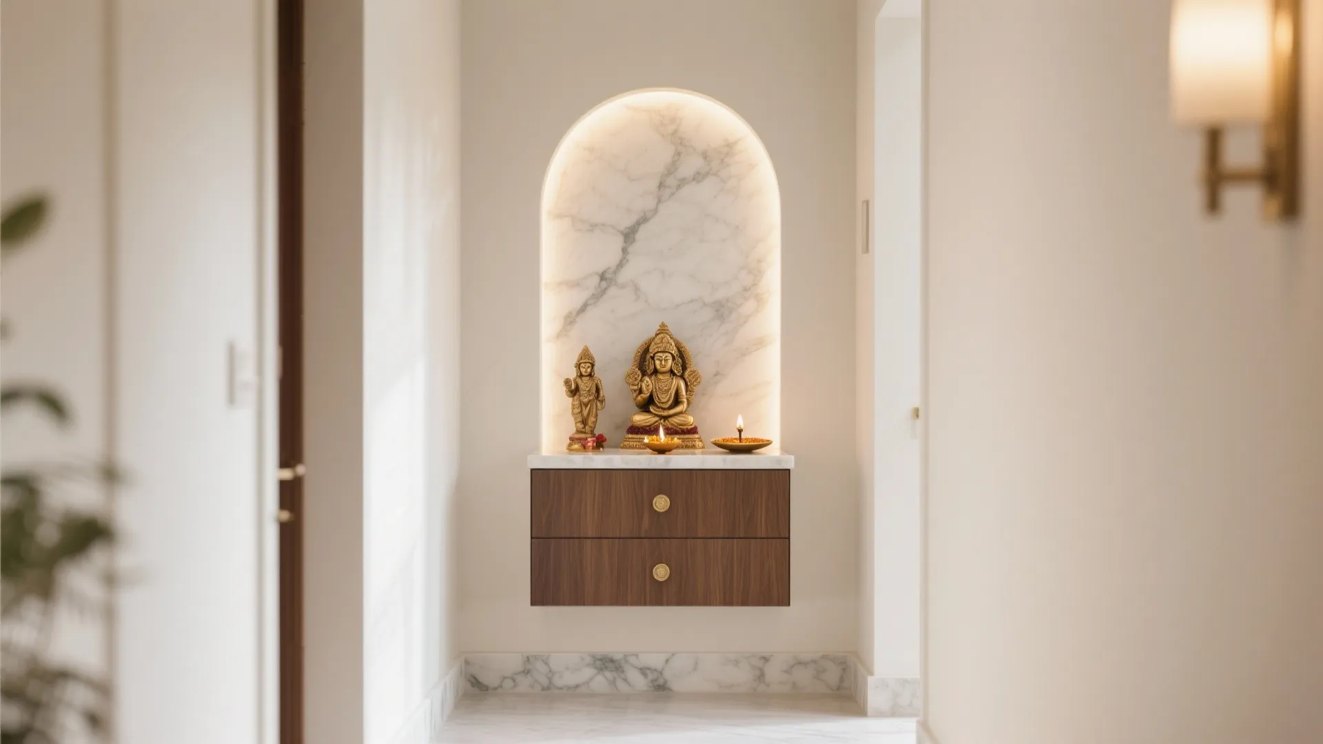 Minimalist niche mandir with concealed storage