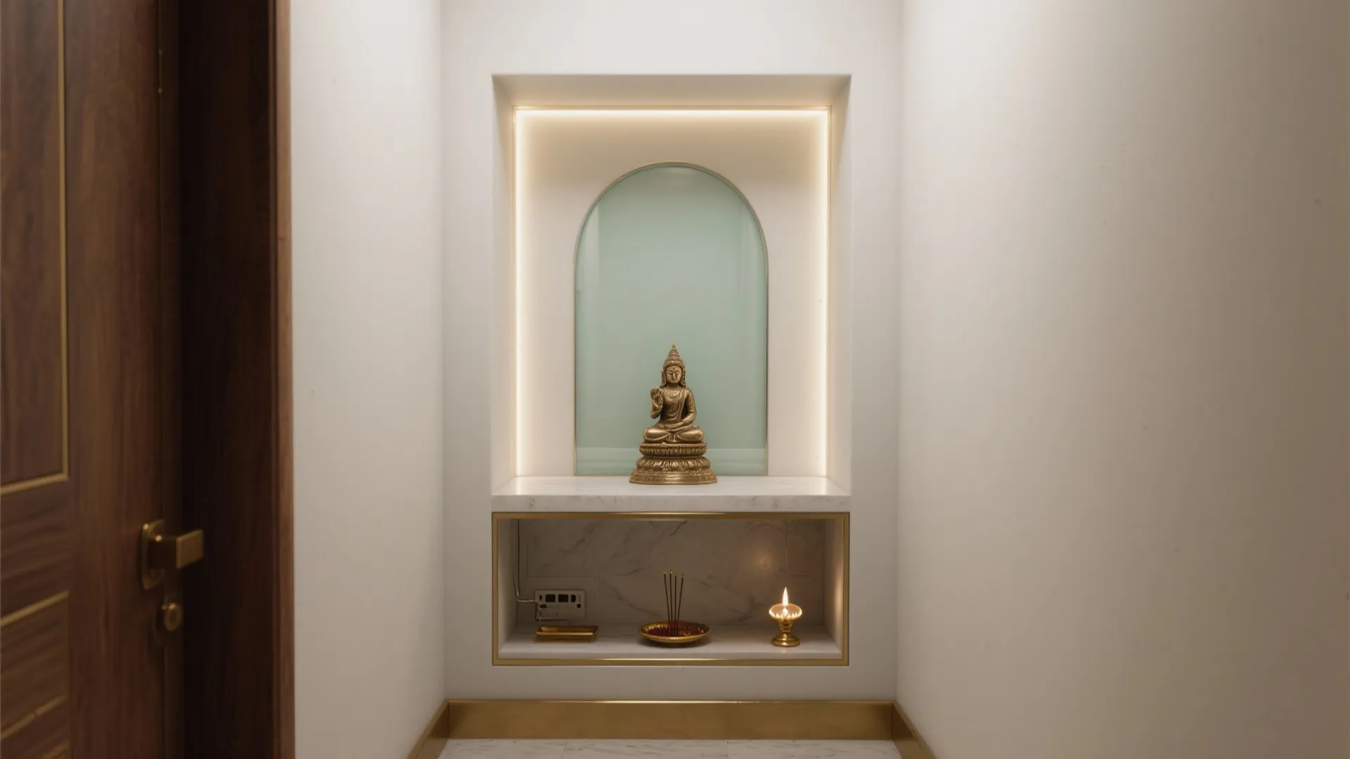 Gold statue inside wall niche with soft light marble shelf incense and small burning candle