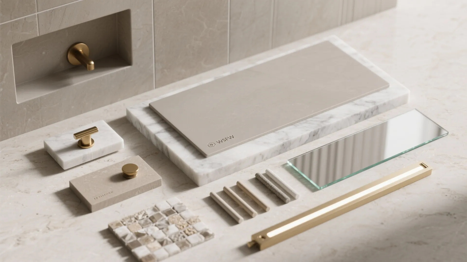 Collection of interior design materials featuring marble stone samples brass hardware glass and mosaic tiles