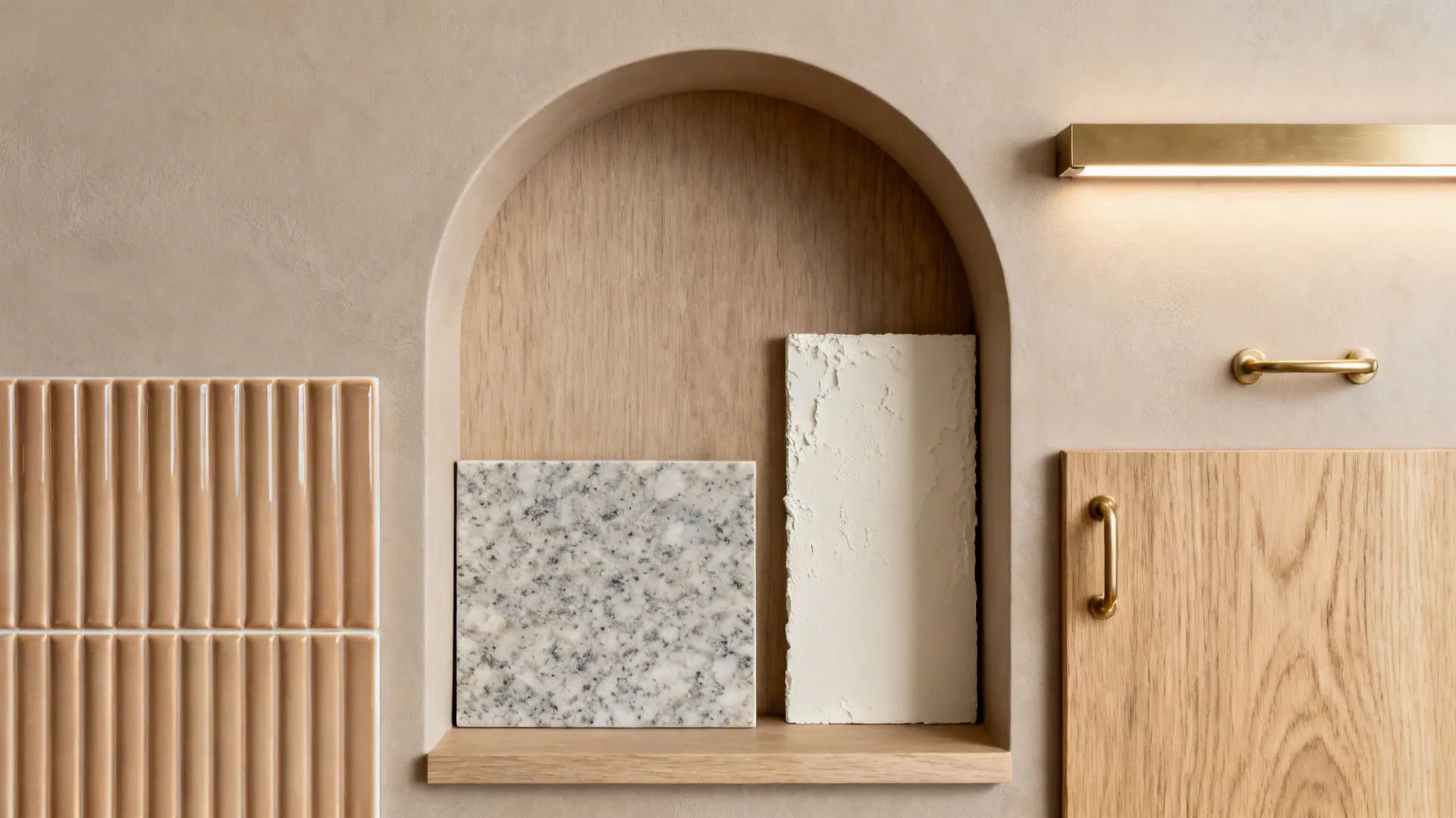 Top-down flat lay of ribbed tile, quartz, plaster, oak veneer, brass hardware, and LED profile for an arched niche.