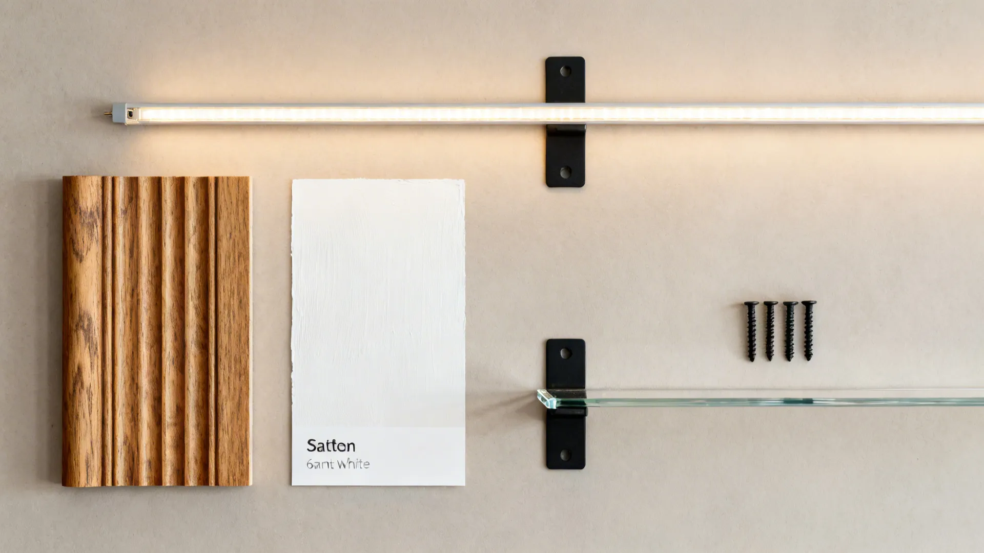 Top-down flatlay of fluted oak, tempered glass, satin white paint, and warm LED strip.