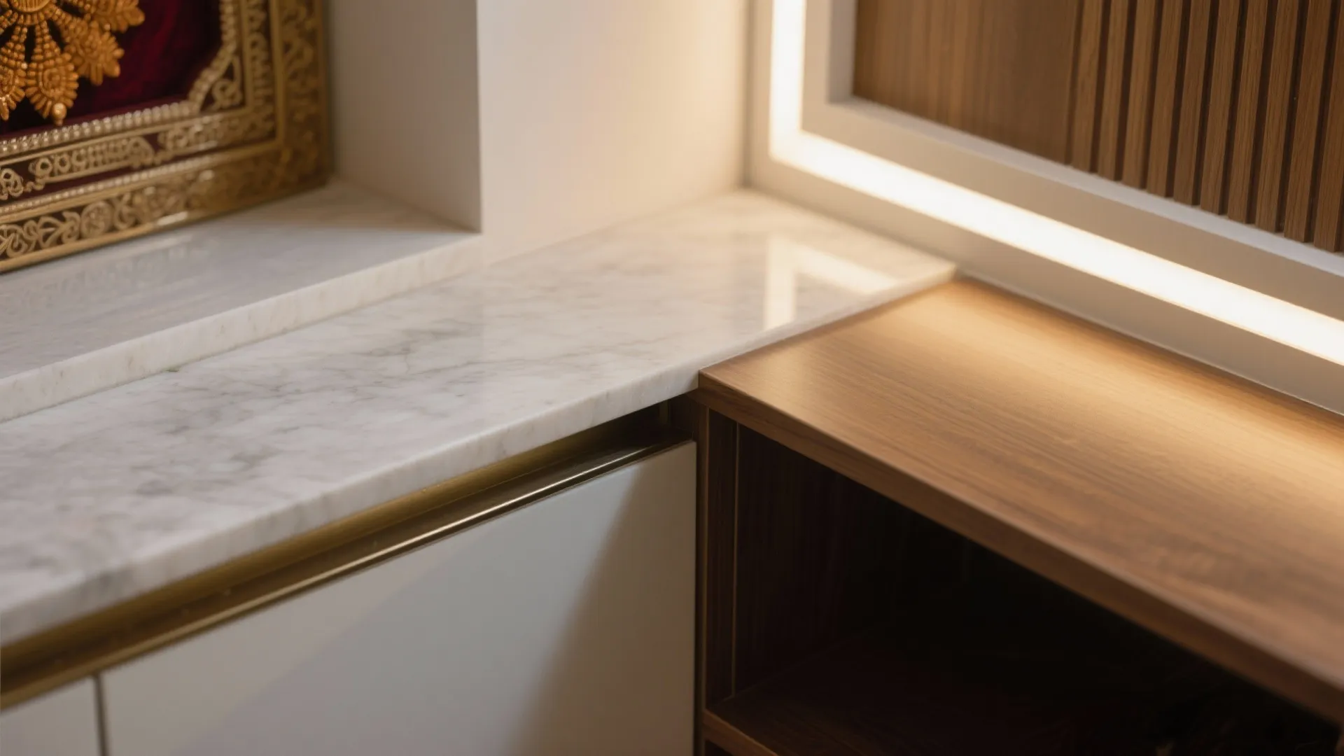Close-up of quartz platform, wood shelf, painted frame, and concealed LED channel at a niche.