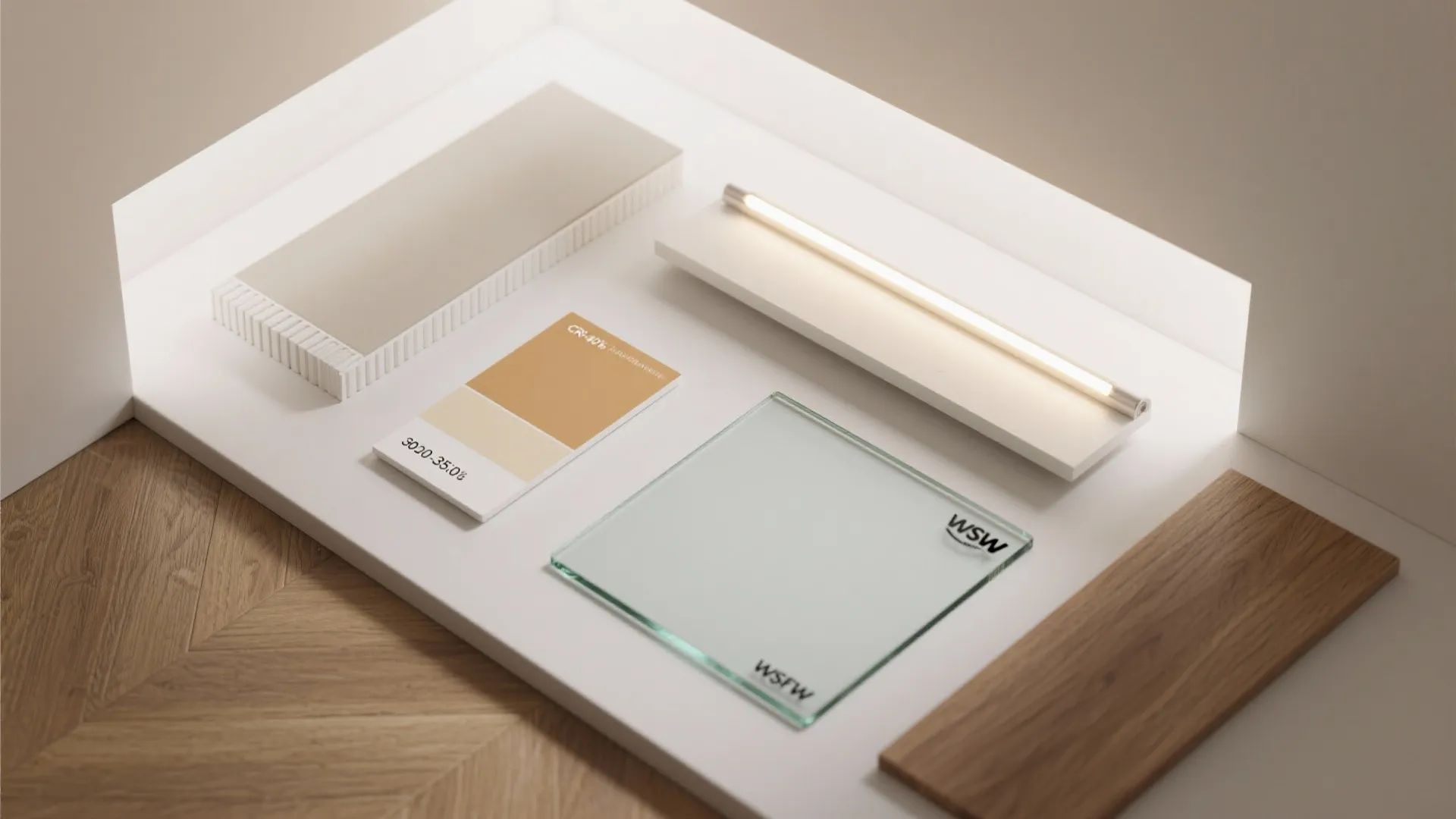 Interior design material board with wood samples glass panels paint swatches and a light fixture