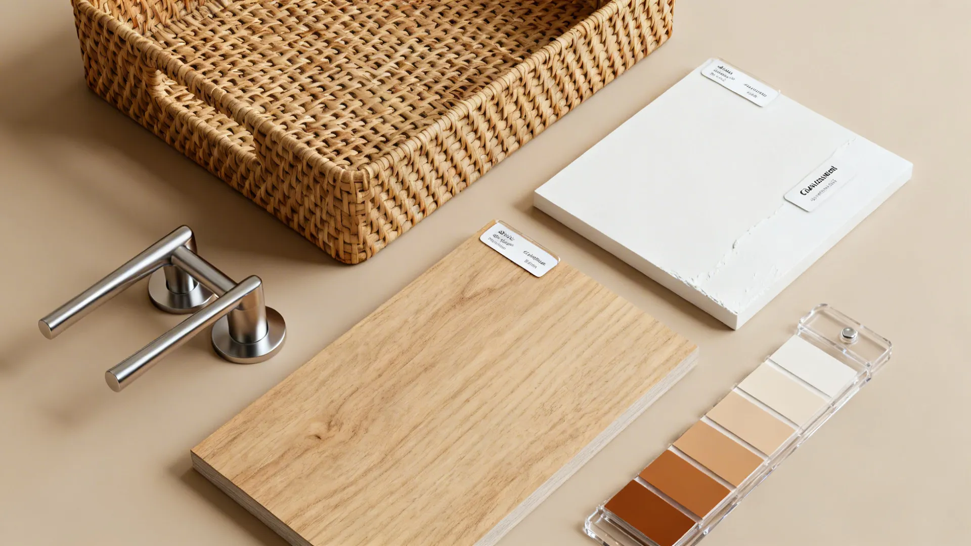 Flat lay of rattan, light oak, matte white, and brushed steel for niche shelves.