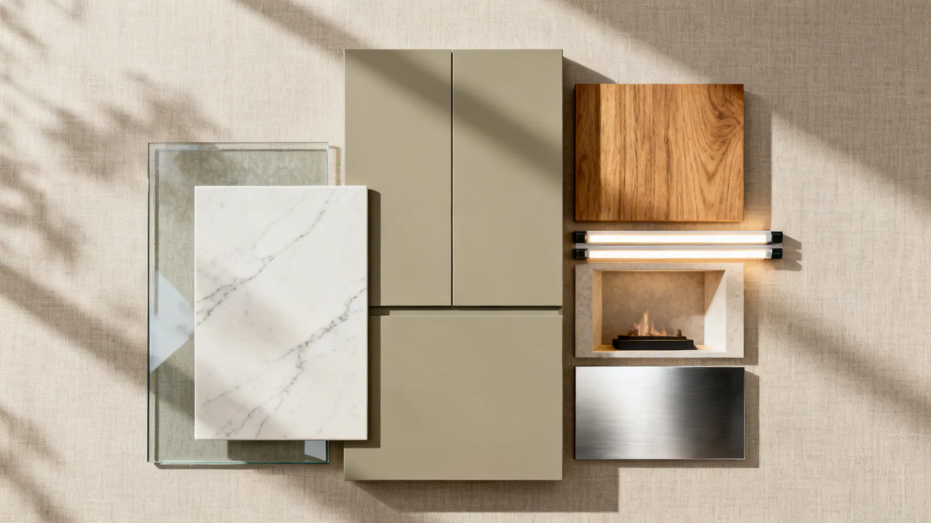 Flat lay with low-iron glass, porcelain slab, greige lacquer, stainless steel, oak, and LED sample.