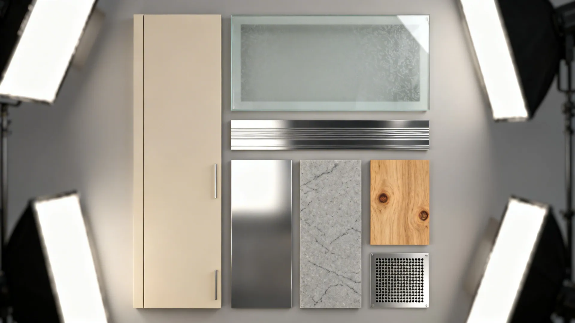 Flat lay of matte cabinet, glass laminate, stainless, wood veneer, quartz, and vent mesh