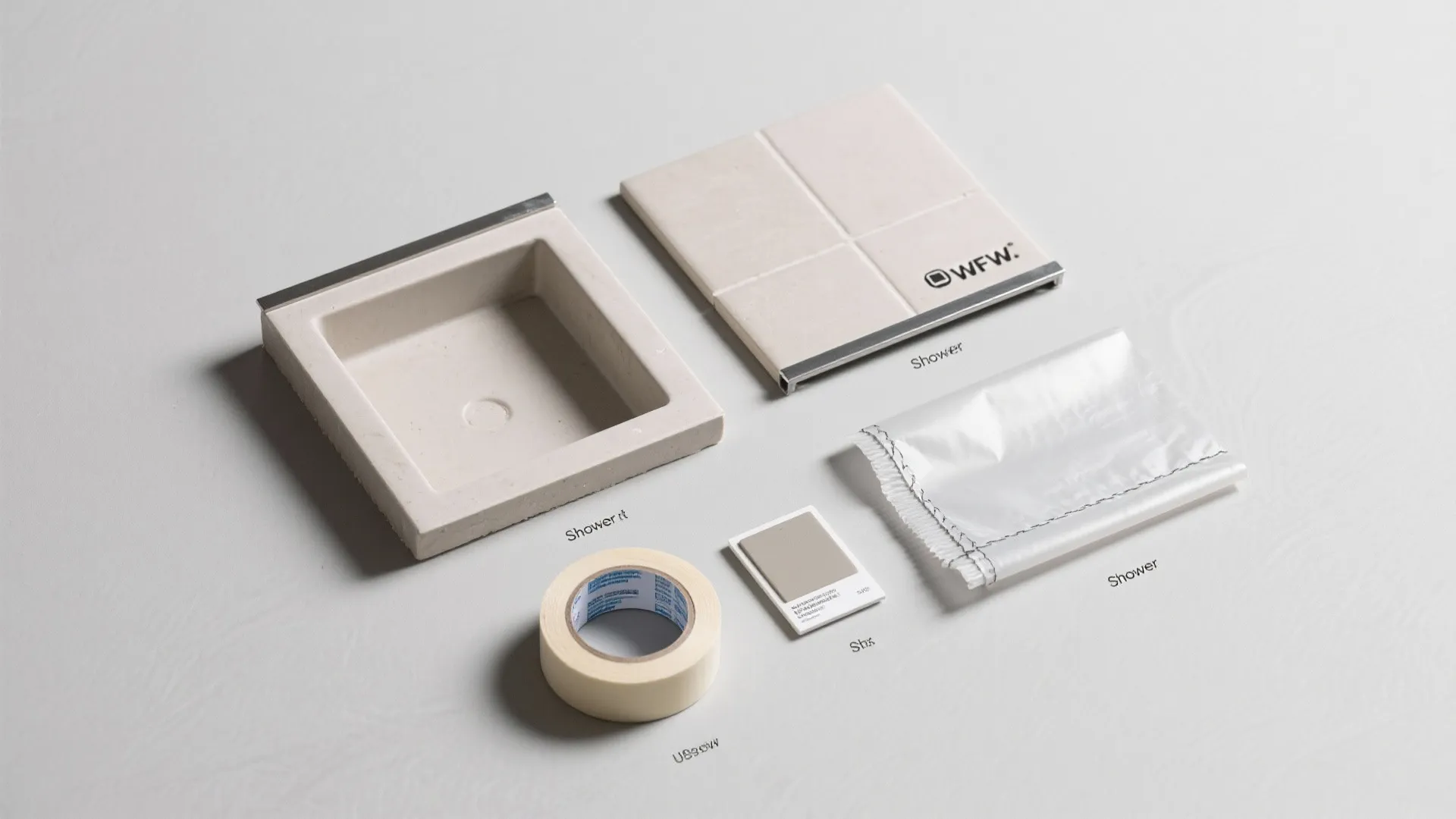 Various construction materials for a shower niche including tile samples tape and a white wall shelf