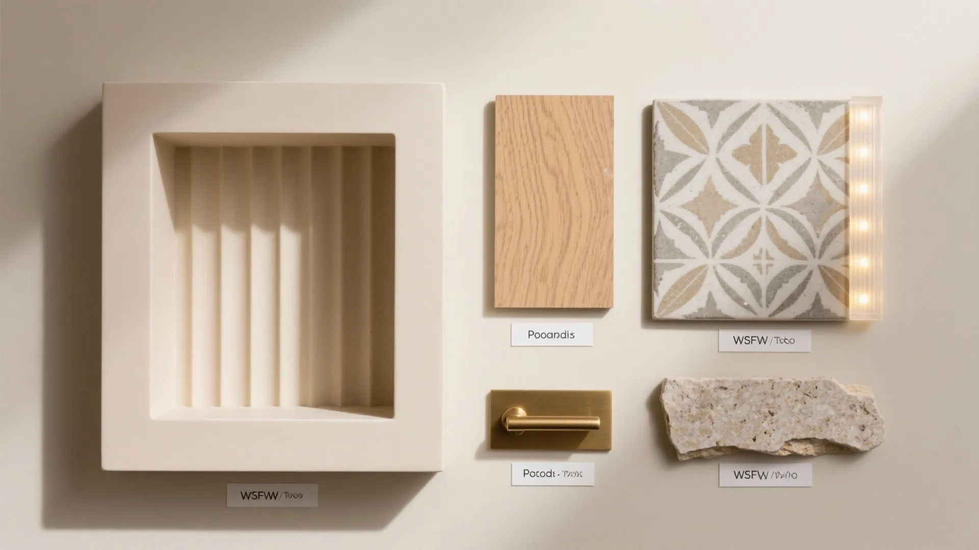 Interior design material board featuring wood sample pattern tile gold metal handle and stone piece