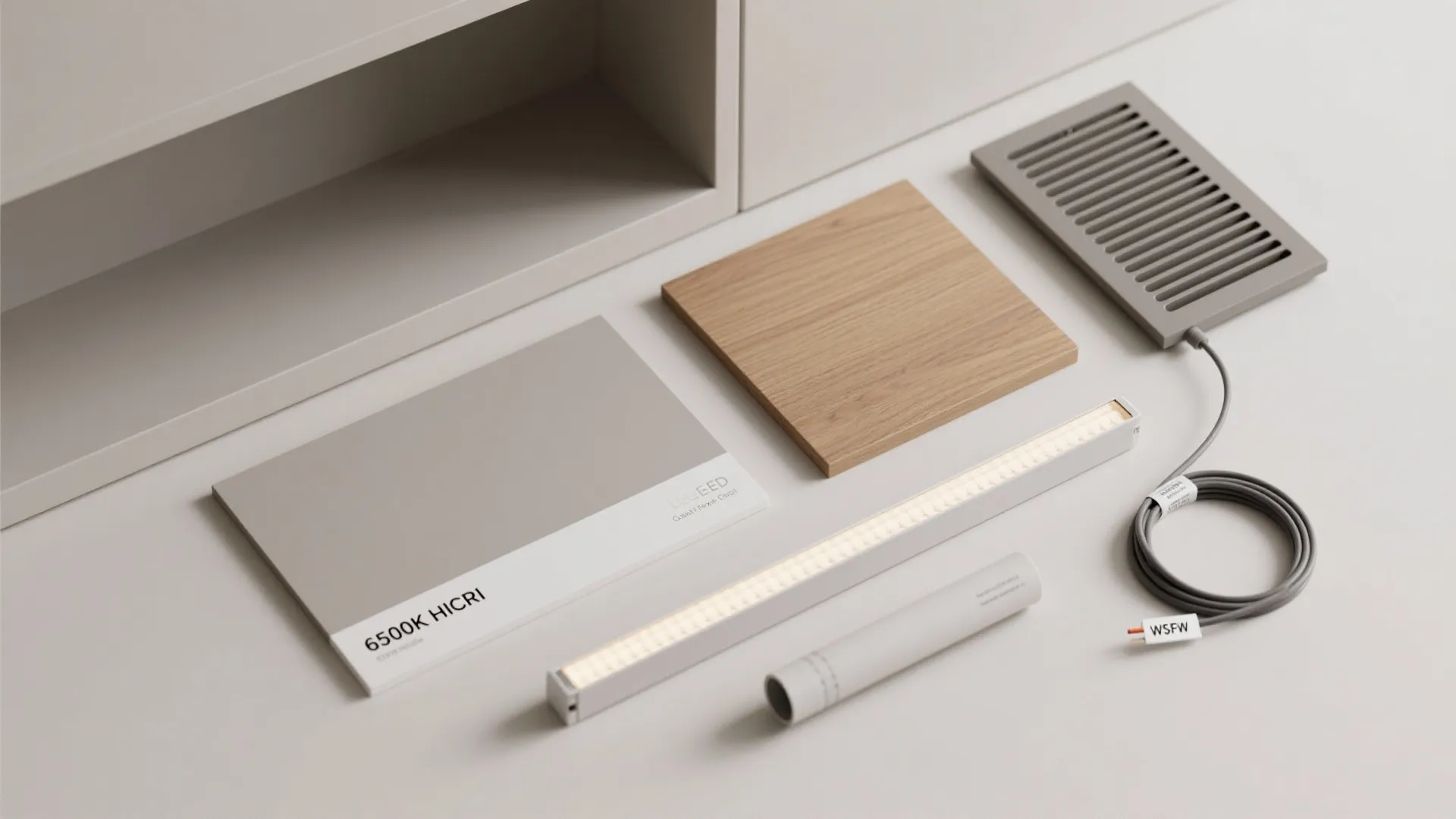 Interior design materials including wood panel light fixture grey sample and vent on white table