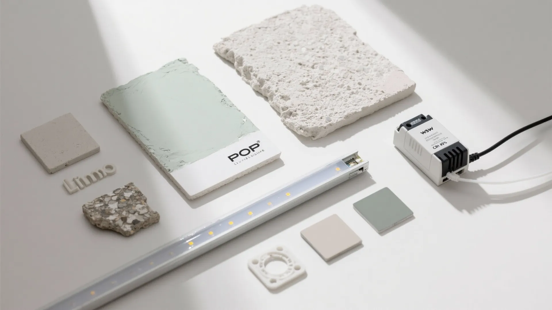 Flat-lay of POP niche materials including plaster, limewash, LED profile, diffuser, and paint chips.