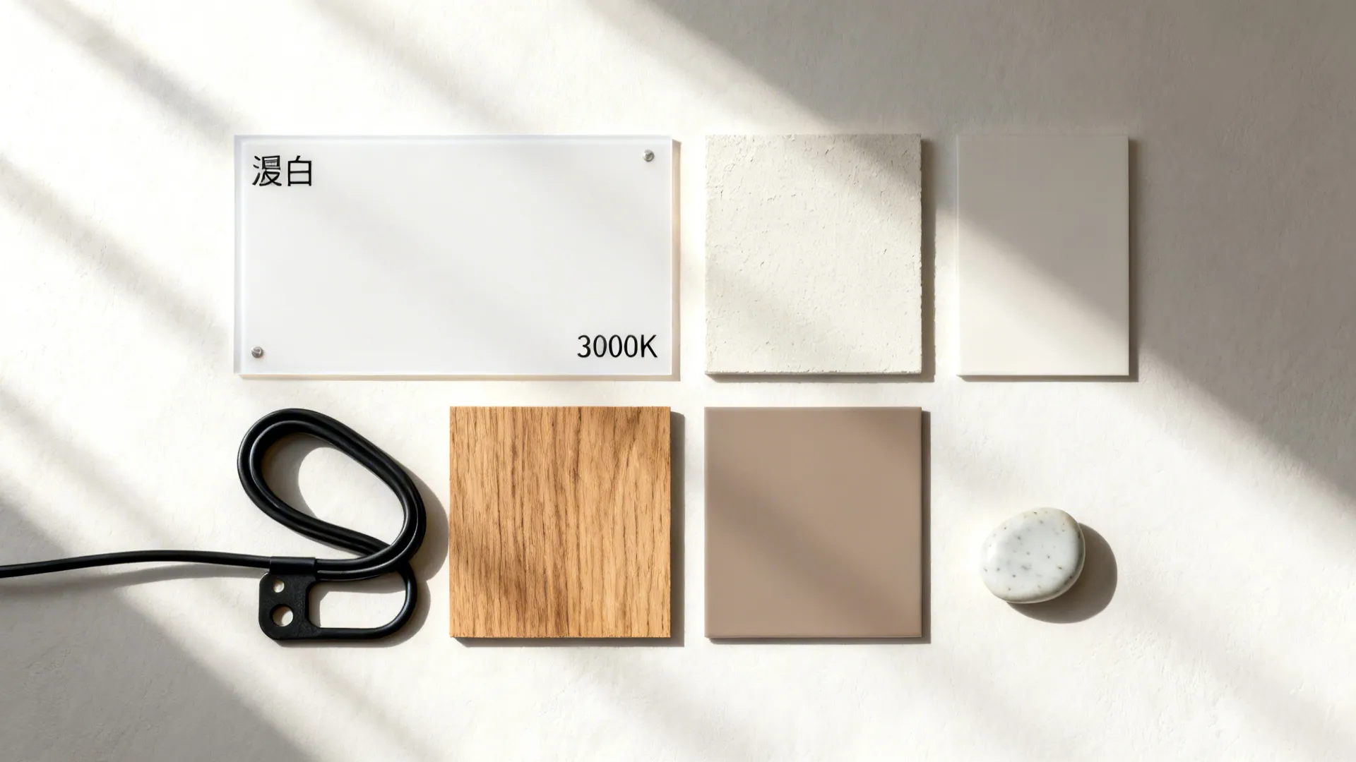 Material flat lay with LED strip, matte plaster, oak veneer, porcelain, and lacquer chip.
