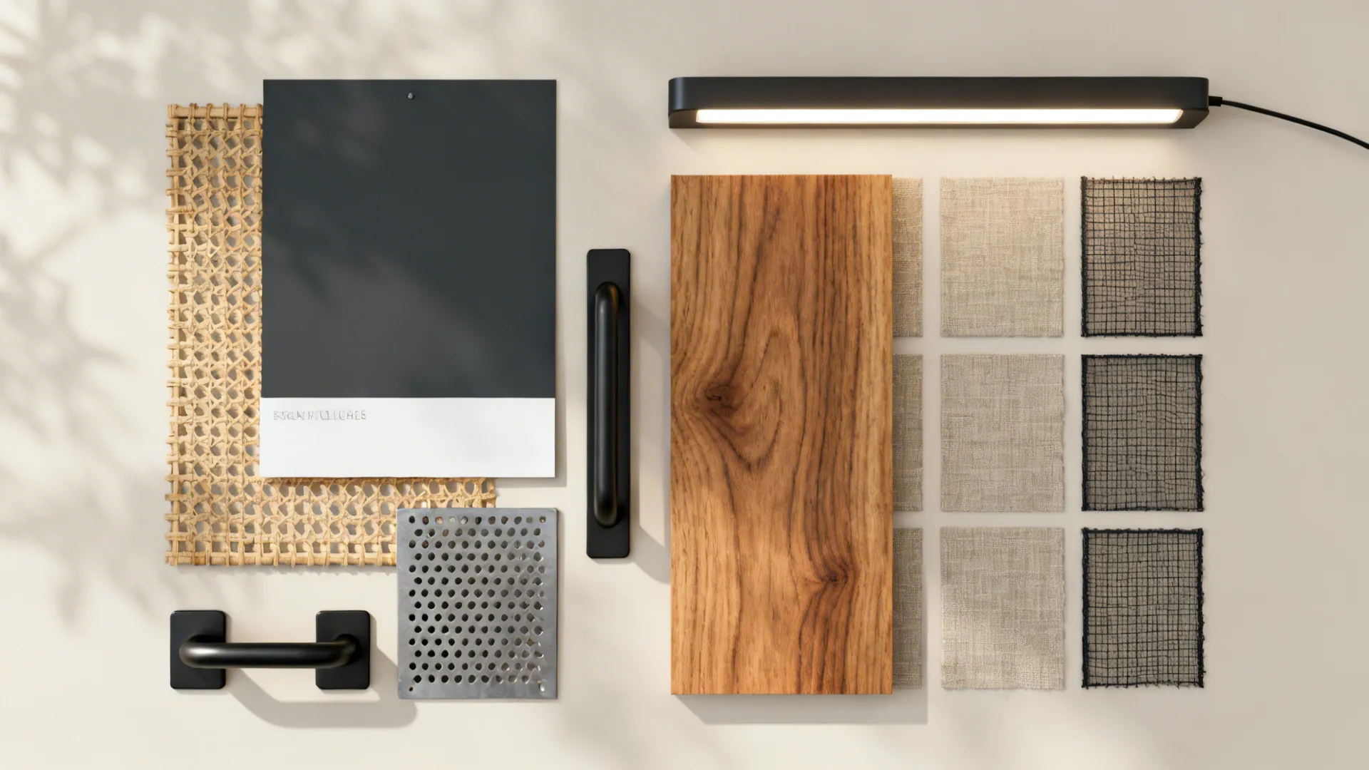 Top-down flatlay of dark paint, cane mesh, perforated metal, LED strip, and oak veneer for a TV niche.