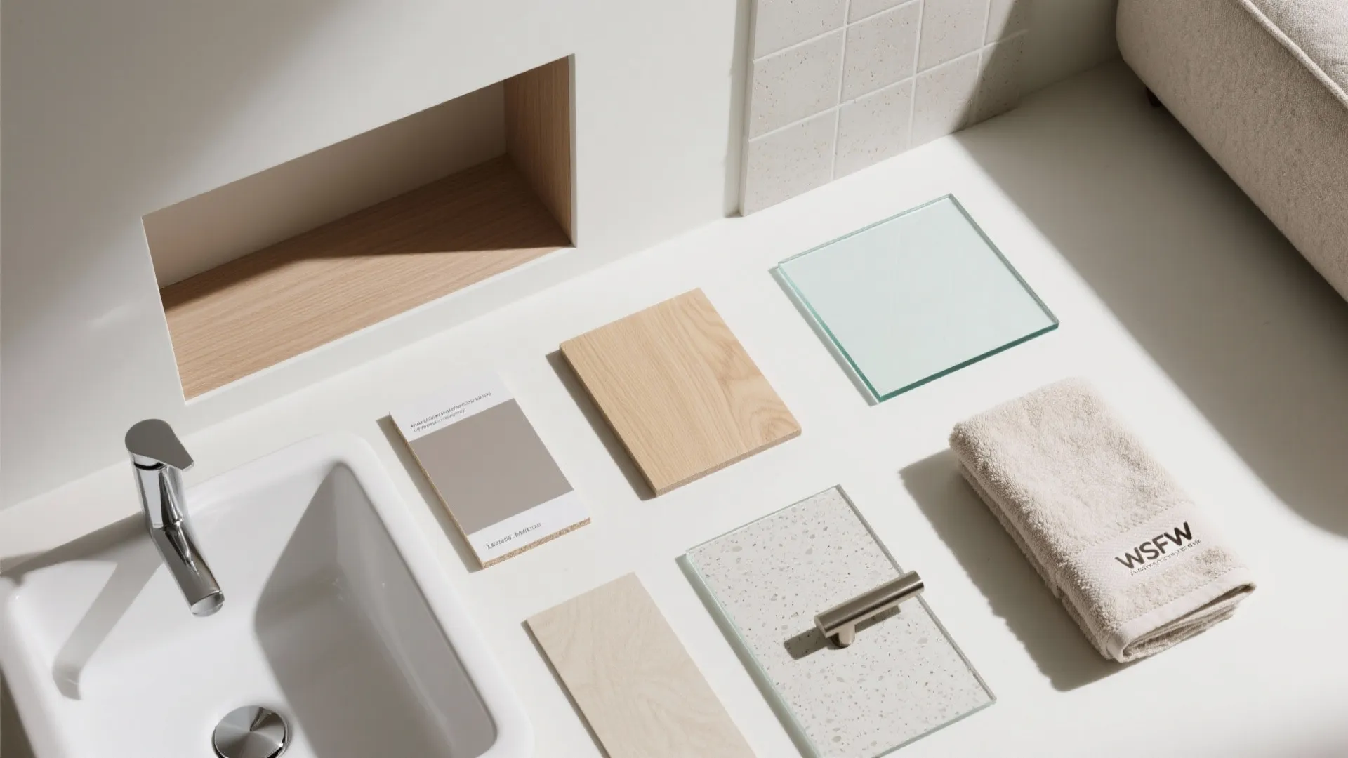 Top-down material flatlay with MDF, plywood, lacquer, oak veneer, microcement, glass, and hardware.