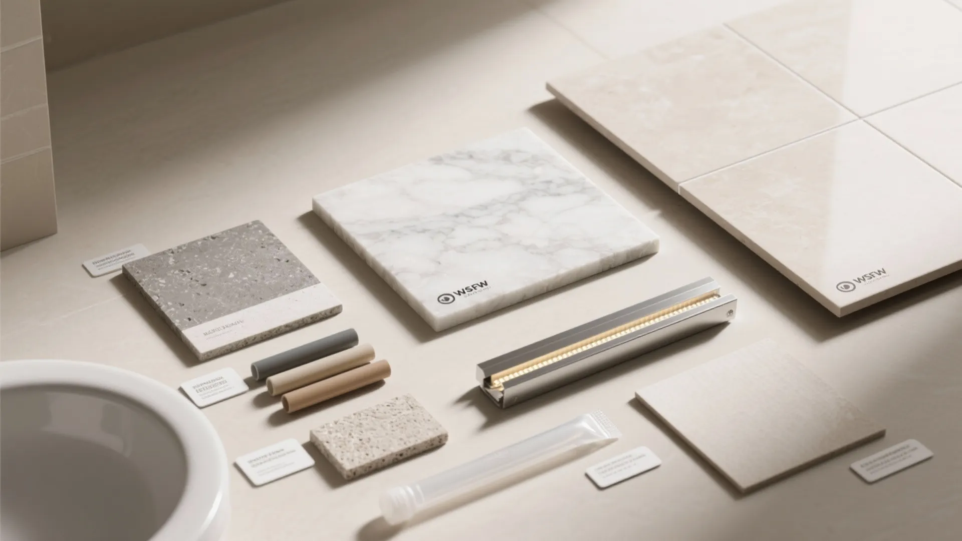 Top-down flat lay of tile, quartz, membranes, and LED channels for niche design