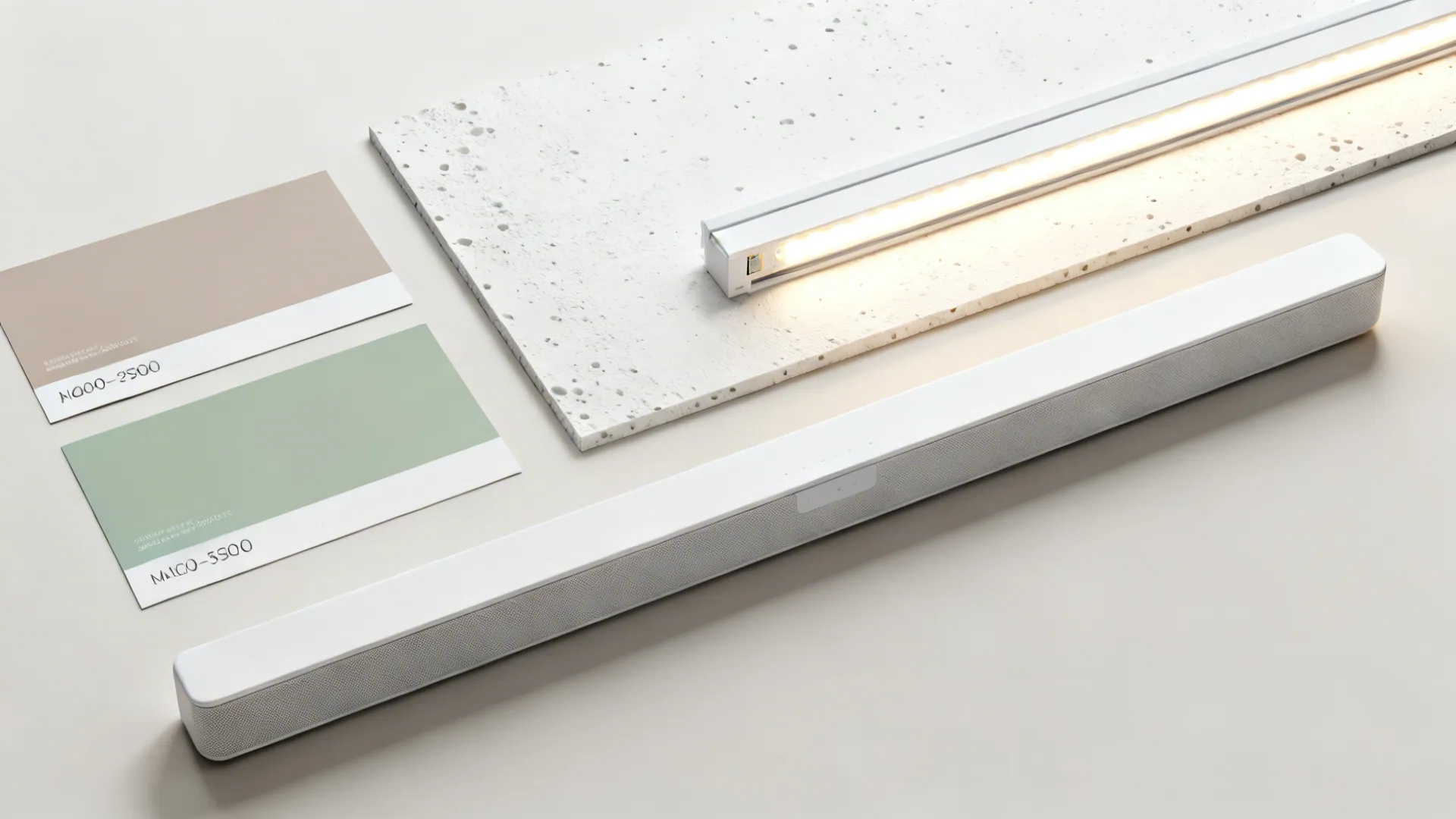 Top-down flatlay of taupe and sage paint chips, plasterboard, LED strip, and slim soundbar.