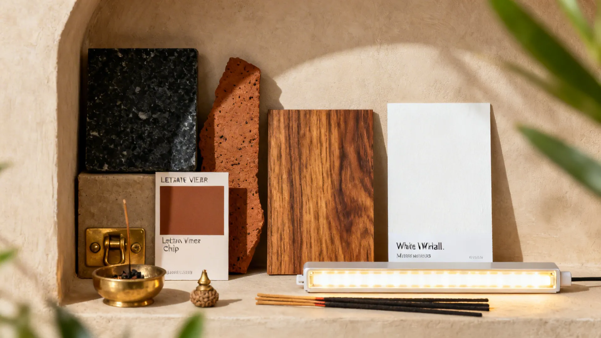 Flat lay of granite, laterite, teak veneer, brass, and warm LED for a niche pooja.