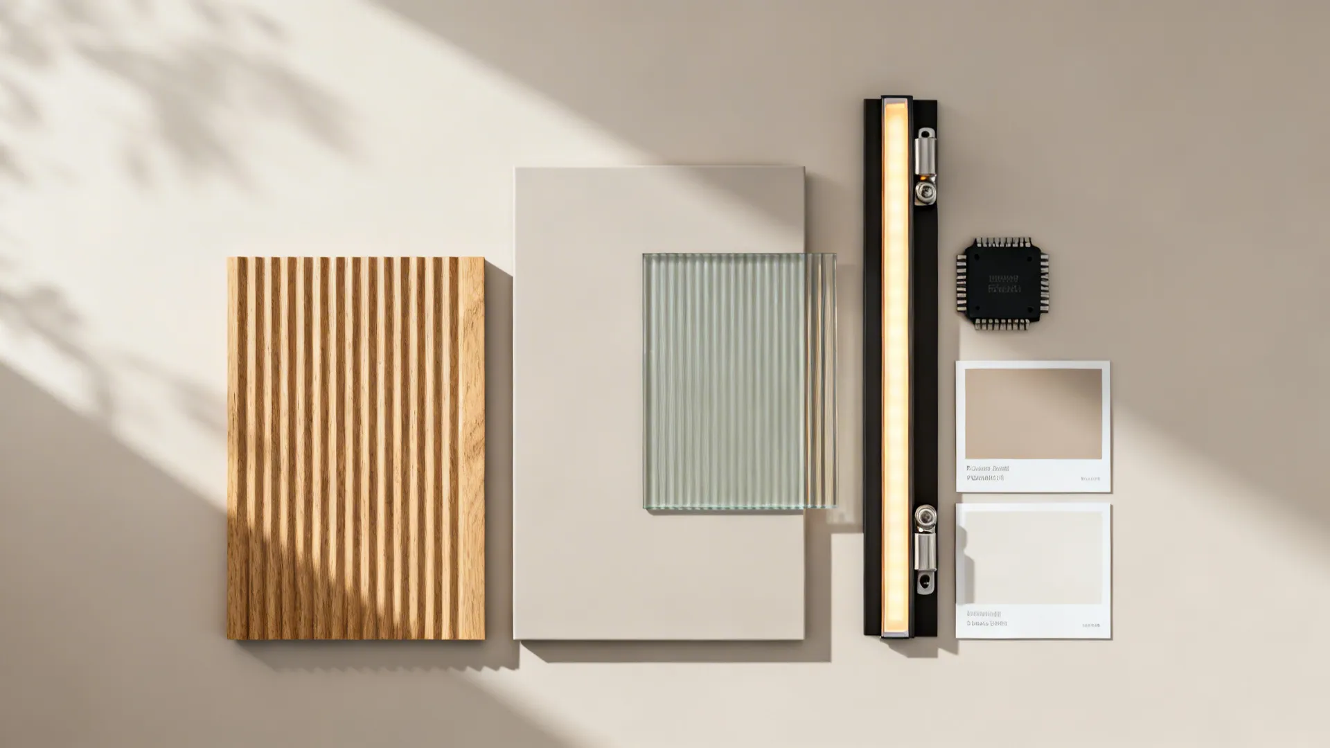 Flatlay of interior design materials featuring wood panel, ribbed glass, light fixture, and neutral swatches