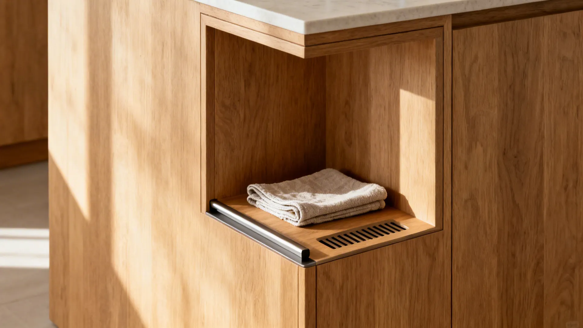 Macro of wood island niche with concealed rail and micro-vent slot details.