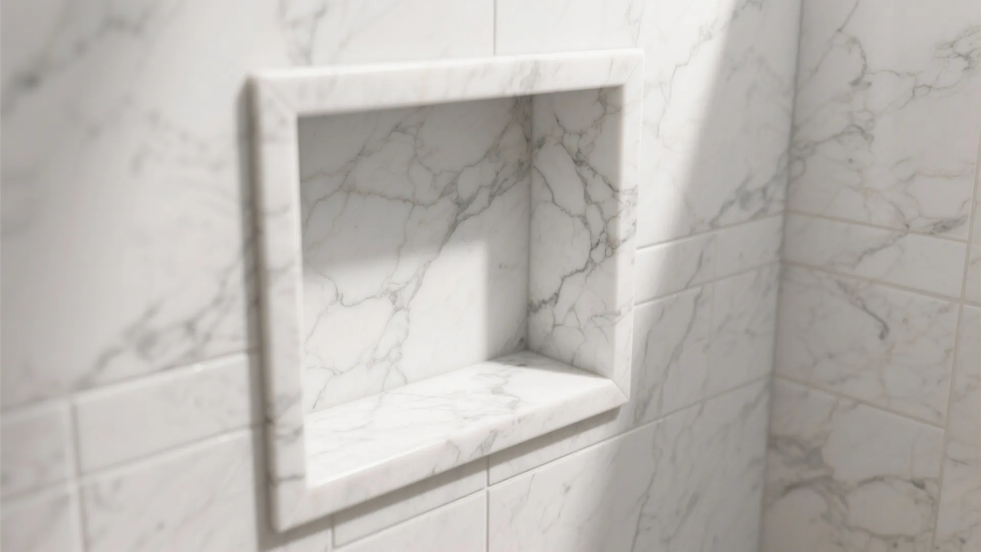 5) Vein-matched shower walls with a practical niche