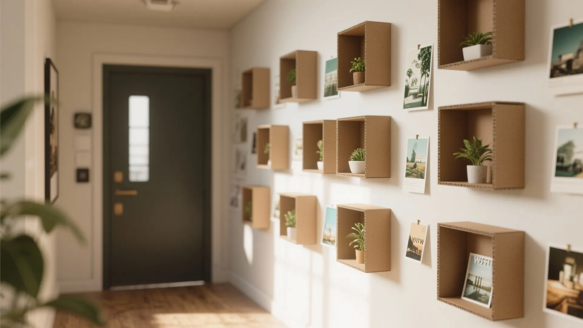 Hallway wall decorated with small cardboard box shelves holding green plants and simple photo prints