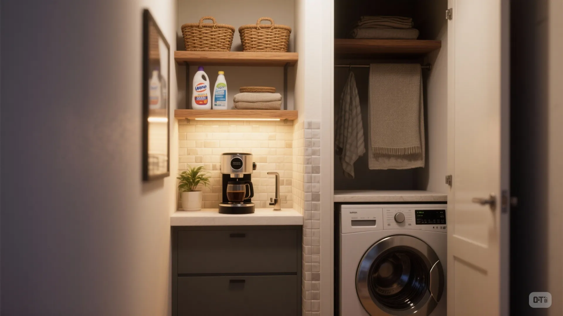 Small laundry room with washing machine coffee maker wooden shelves baskets and white wall tiles