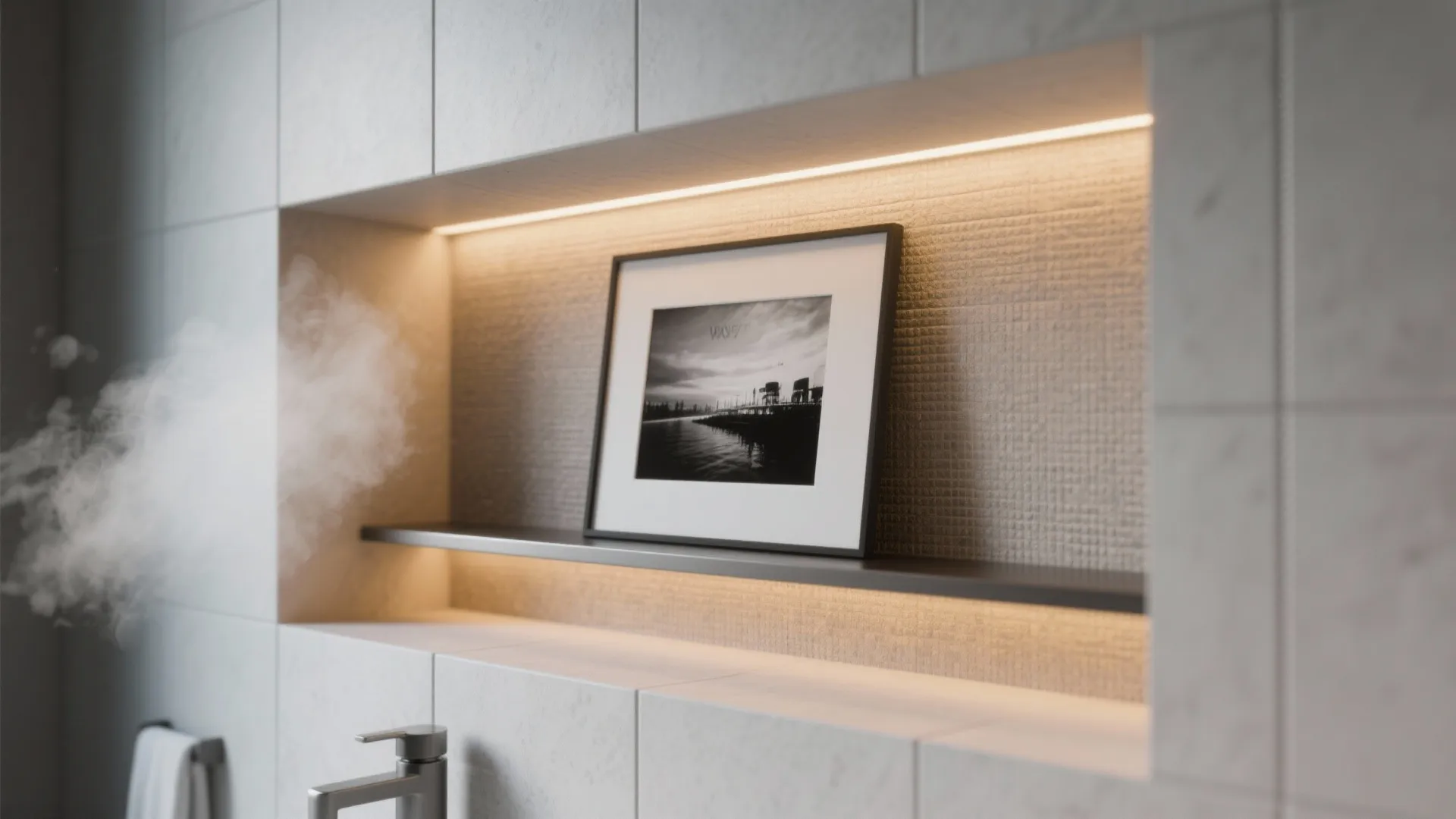 Recessed wall shelf with warm light fixture displaying a black and white framed picture print