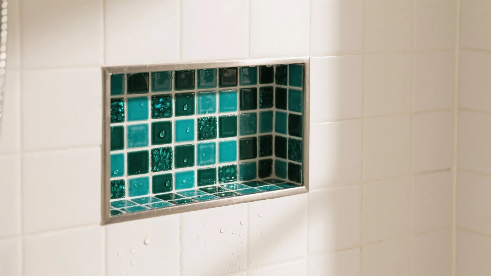 Shower wall with white square tiles and a recessed shelf featuring dark blue mosaic tiles