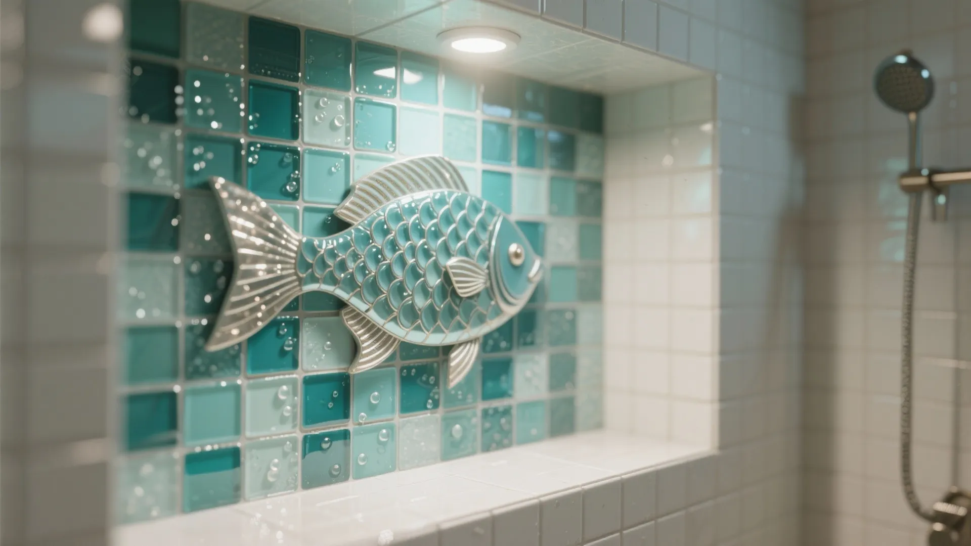 Glass mosaic fish mural in the shower niche