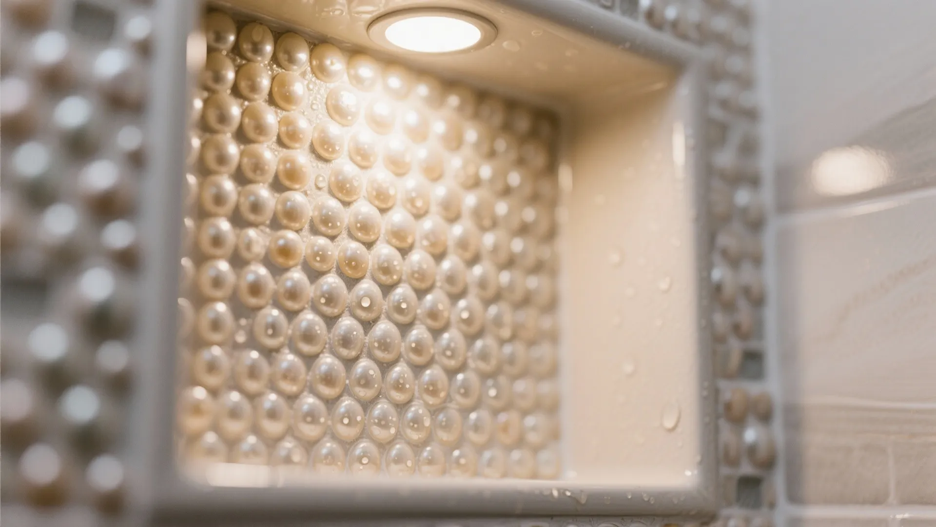 Close up of a recessed wall shelf with round tile patterns illuminated by warm lighting