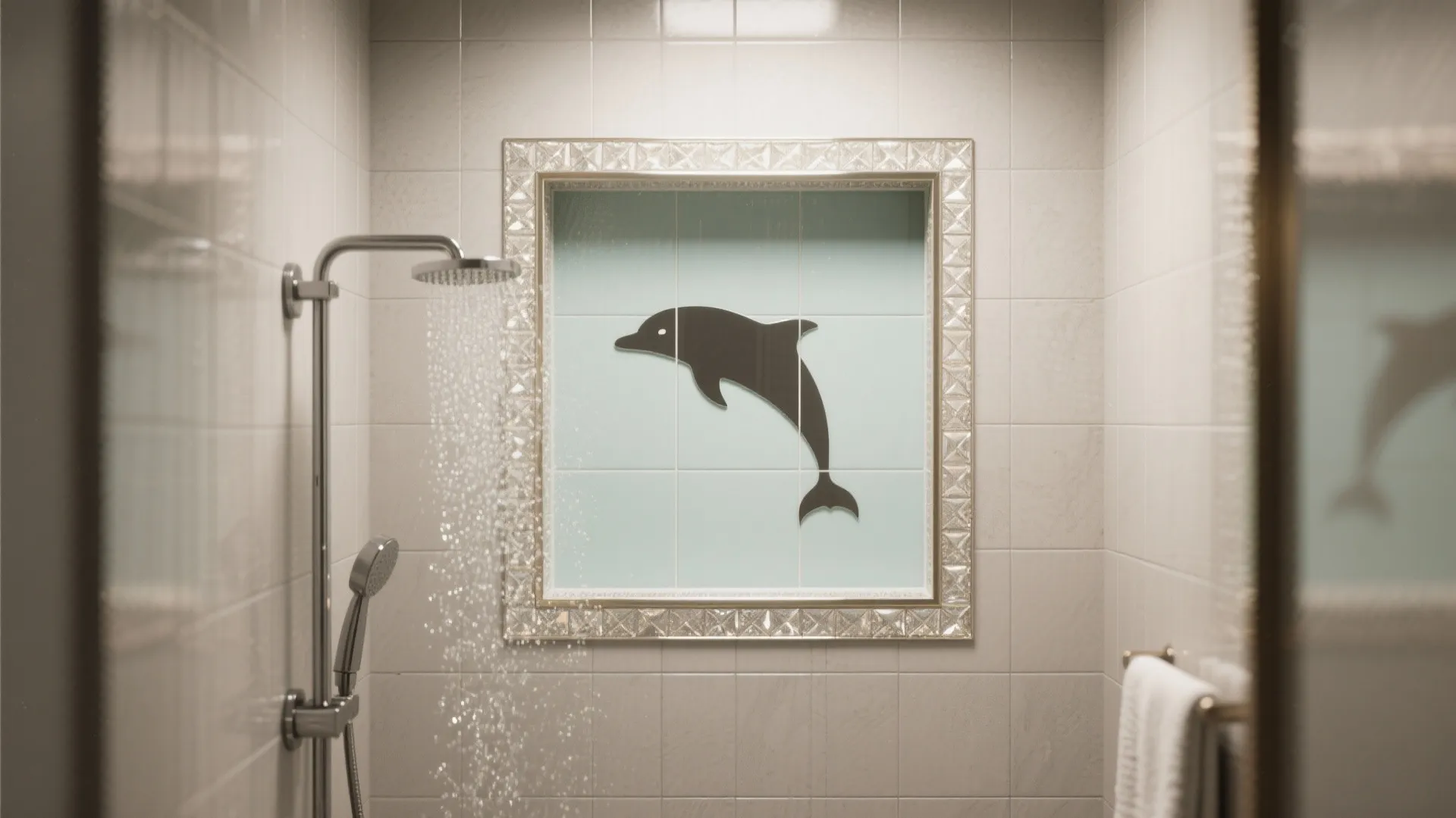 Shower area with a wall niche featuring a dolphin silhouette design and a chrome showerhead