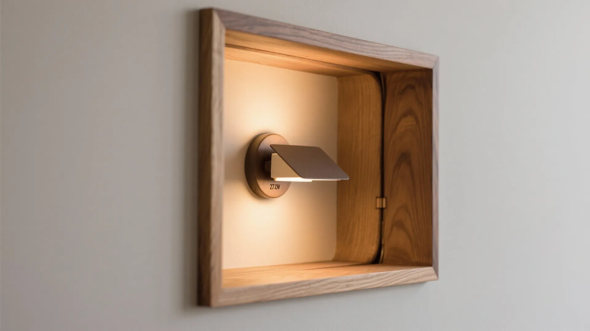 Close up of a wooden wall shelf with a small warm light fixture inside it