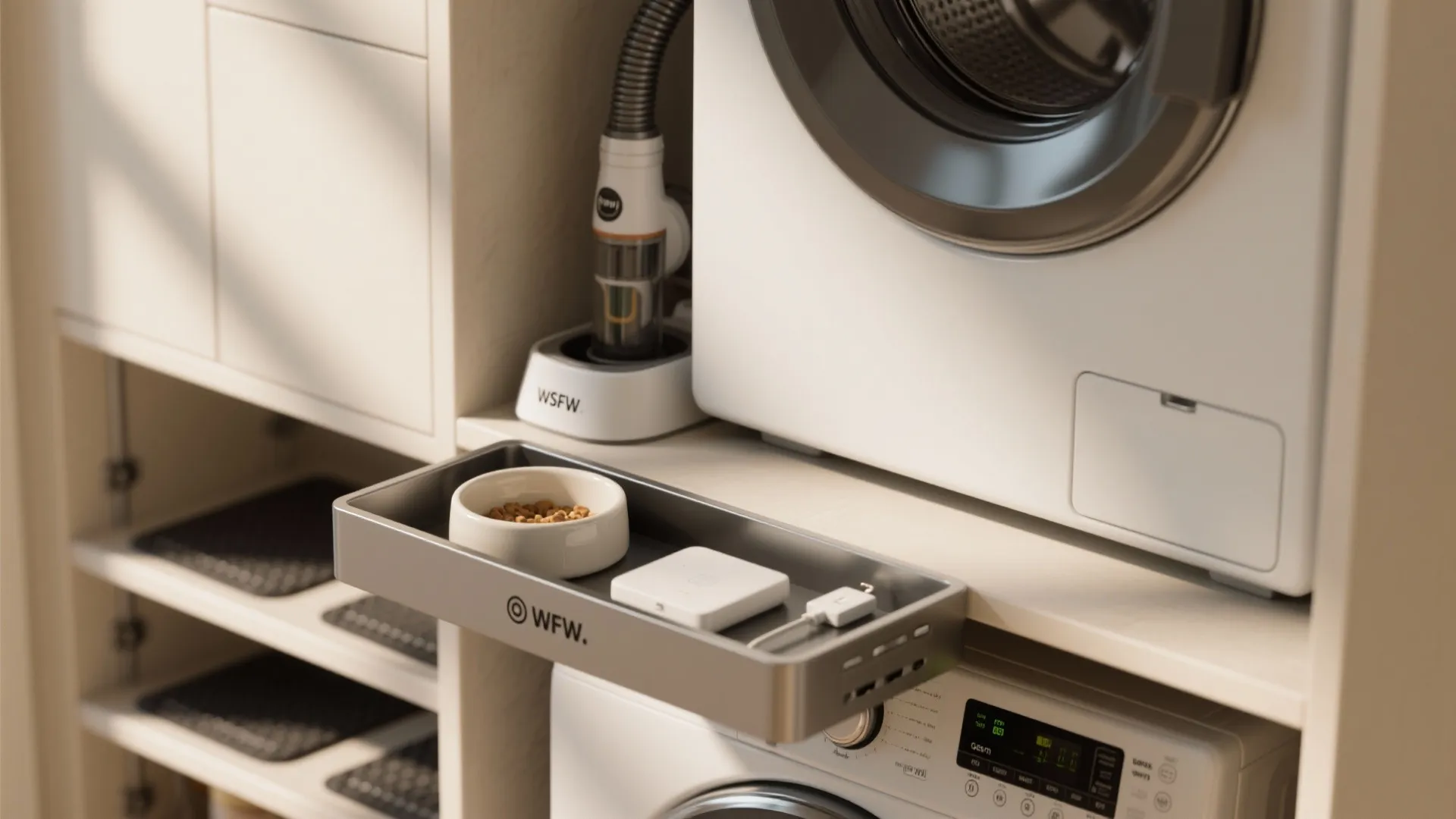 Laundry room layout with washing machine vacuum cleaner and a pull out tray for pets