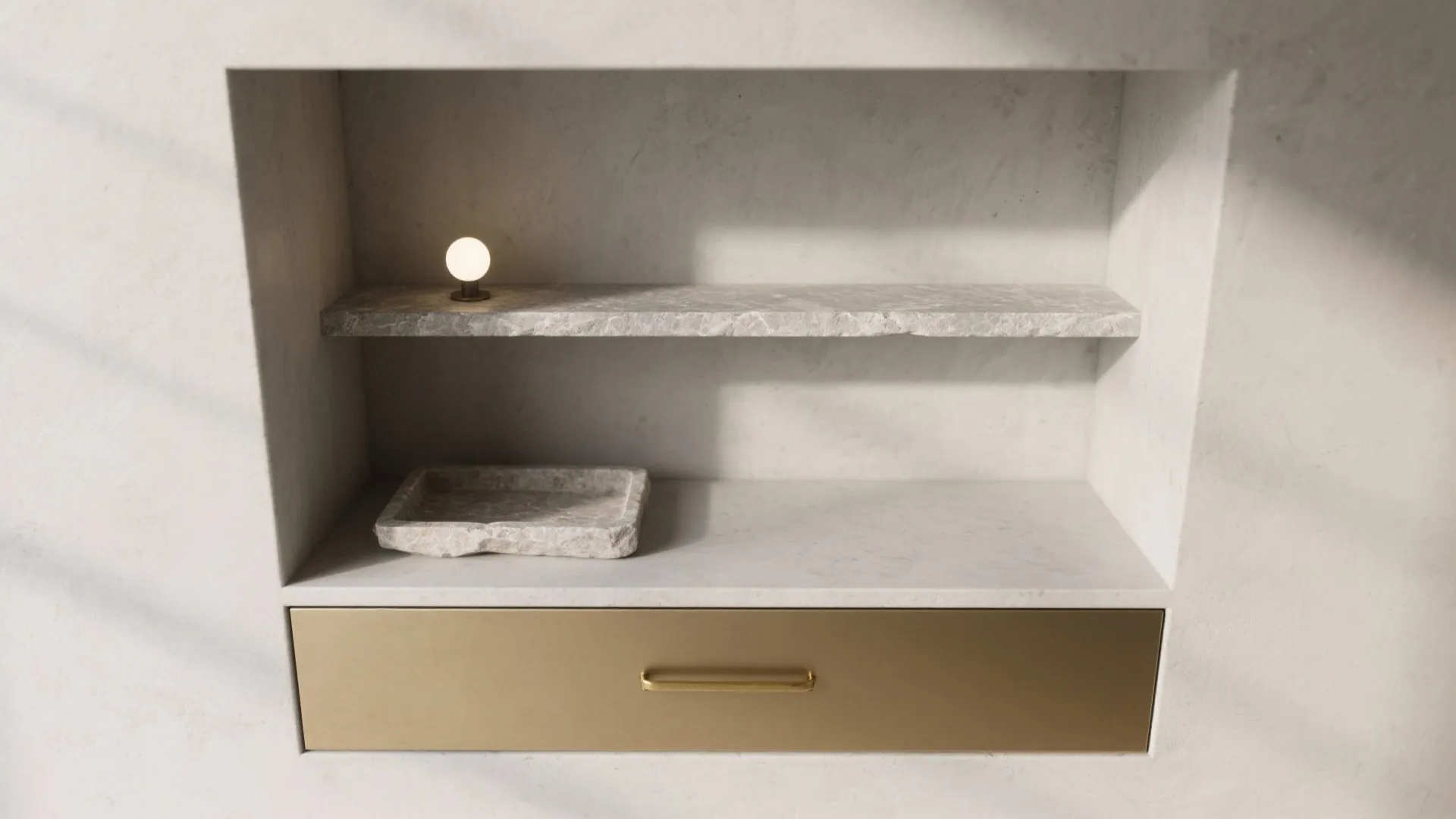 Modern wall shelf with stone plate small light fixture and a long gold metal drawer