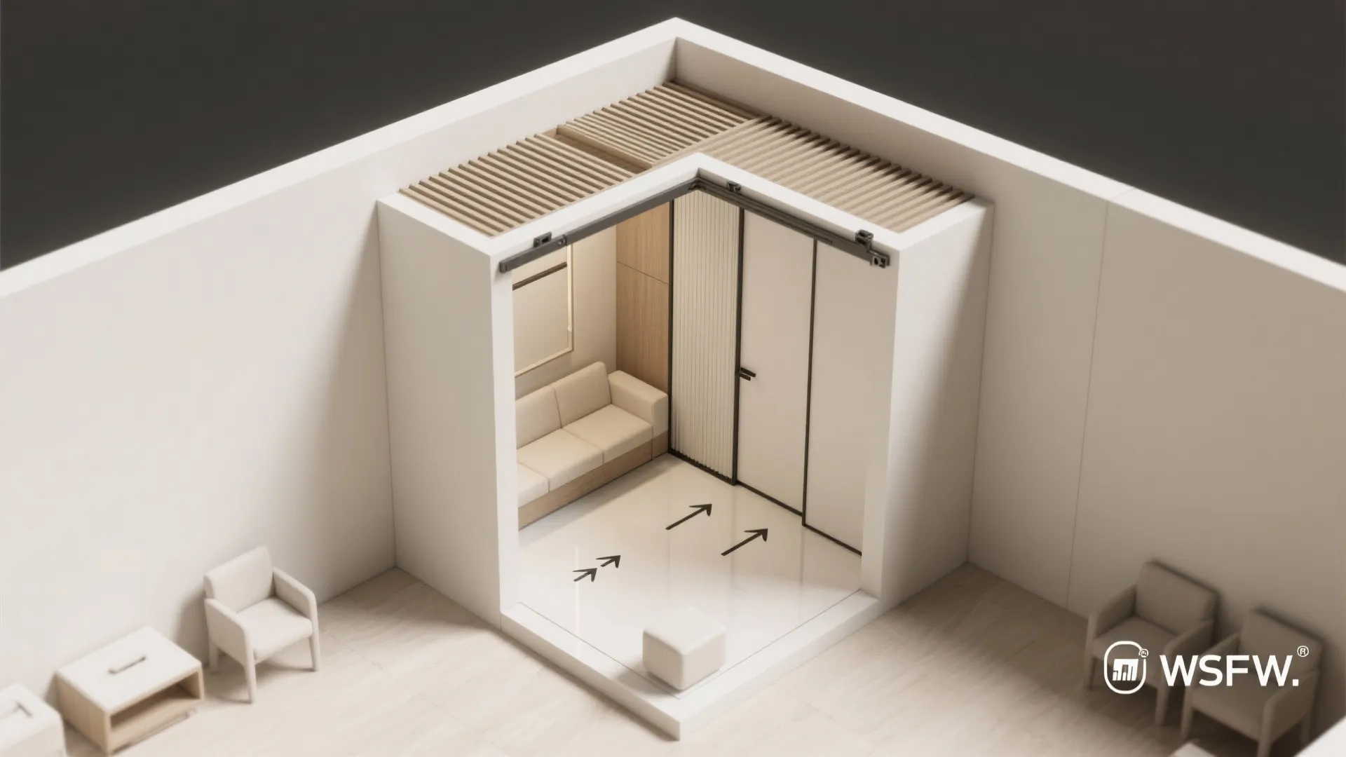 Small white room layout with beige sofa wooden ceiling slats sliding doors and black arrows