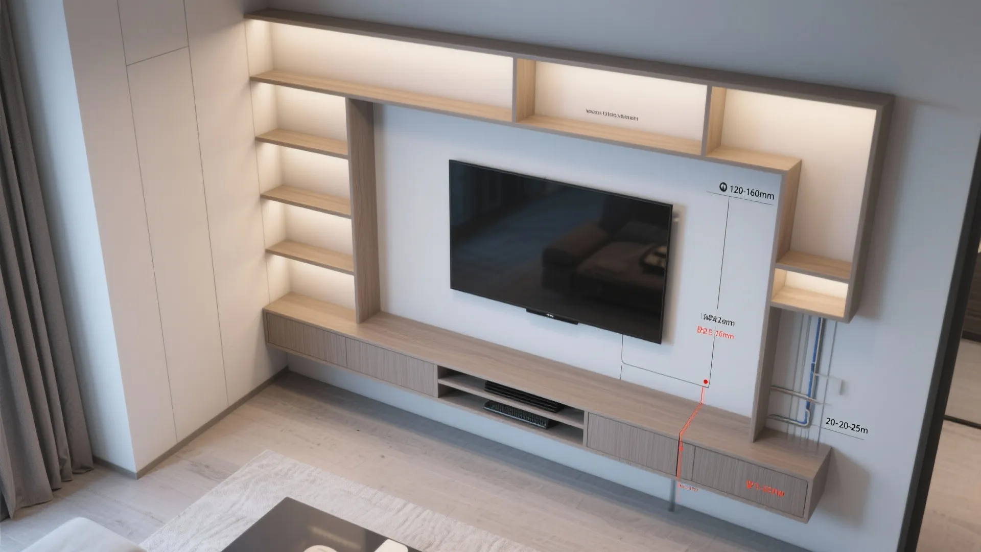 Built-in niches with asymmetrical shelving