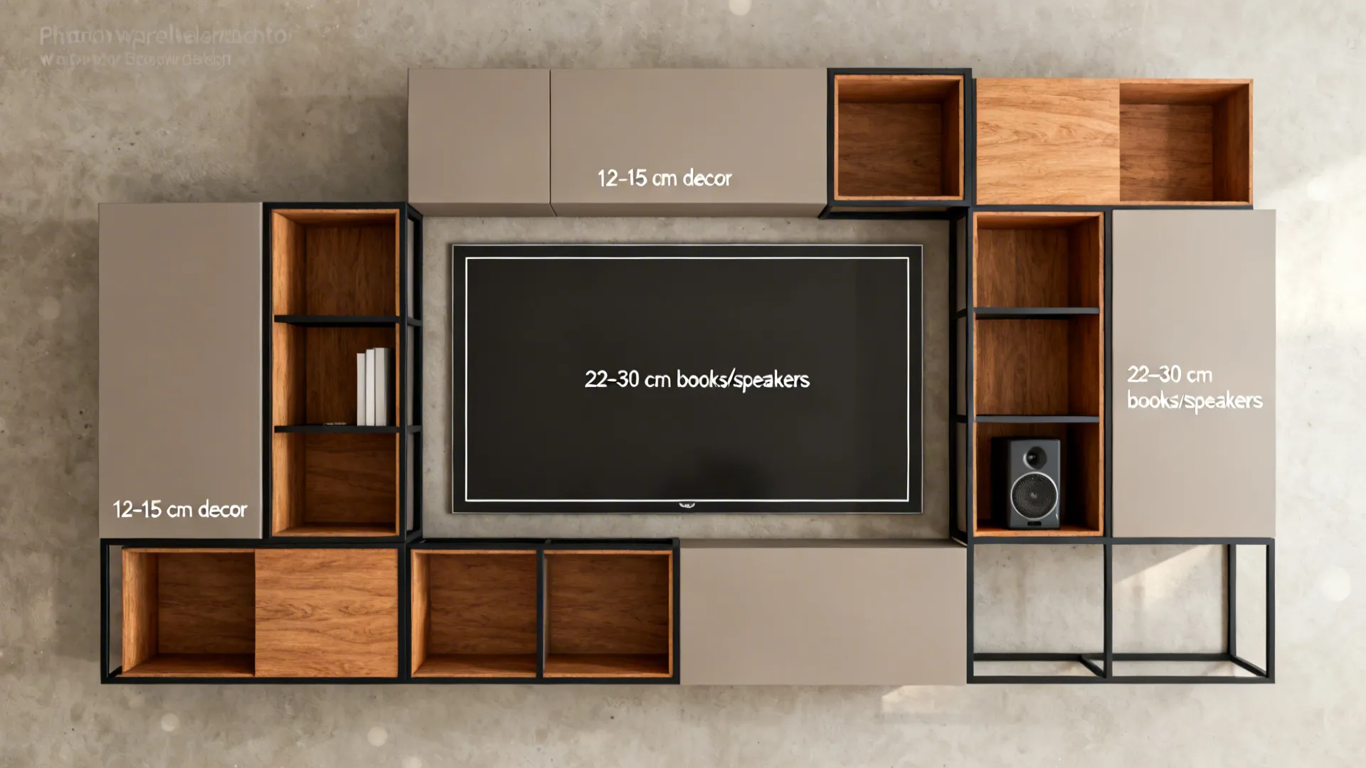 Top-down layout with varied-depth niche blocks and material swatches for an asymmetrical wall unit.