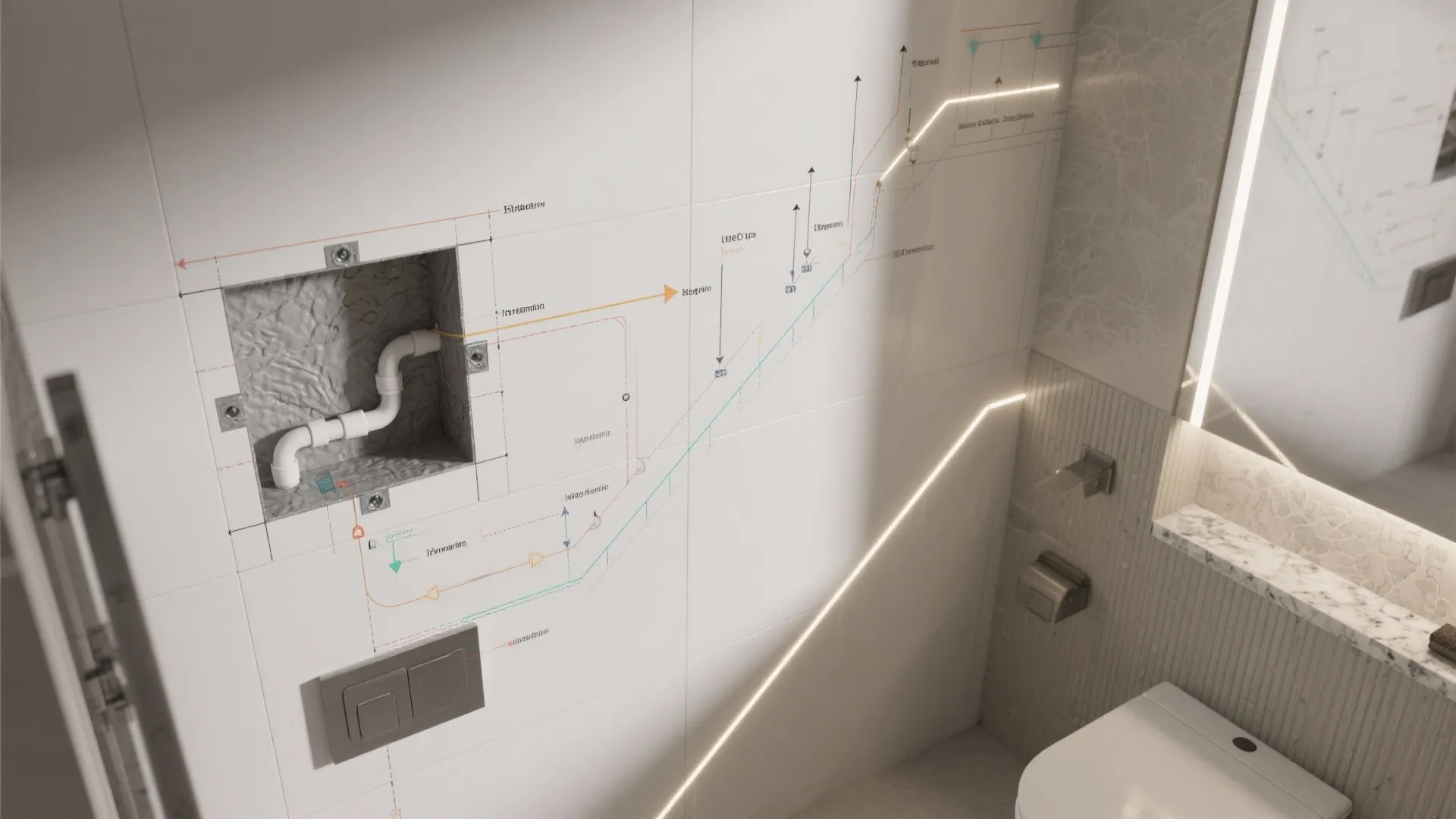 Top-down process scene illustrating stud mapping, waterproofing, and LED placement for niches