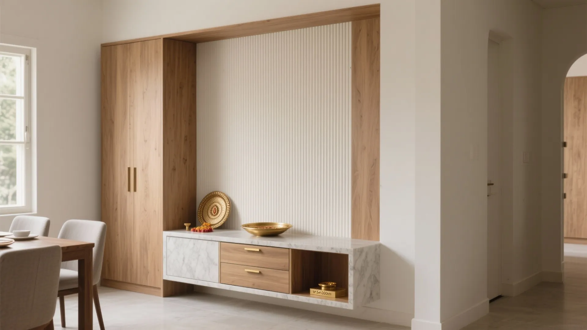 Dining area with wooden cabinet marble top storage unit white wall panel and simple gold bowls