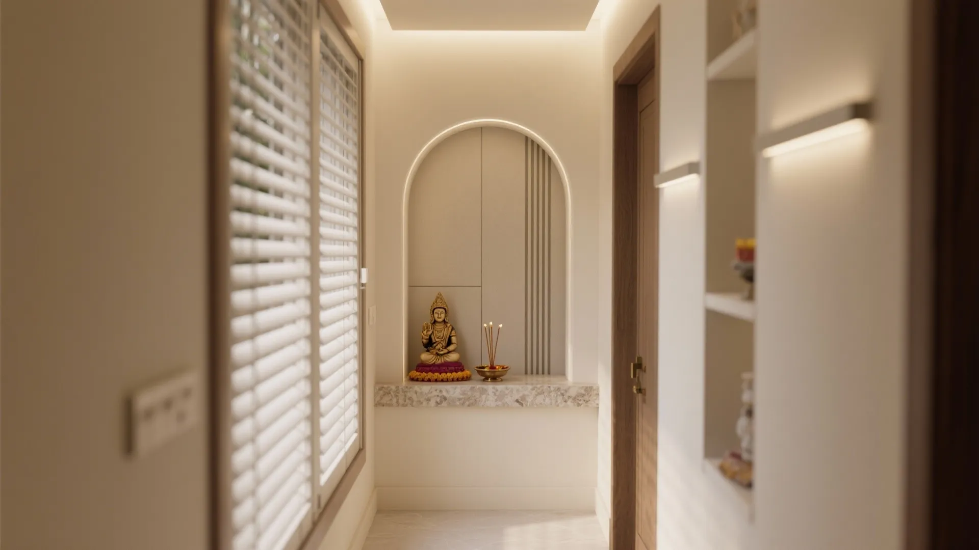 Narrow hallway featuring wall niche with arched top small statue candles and modern white wall lights