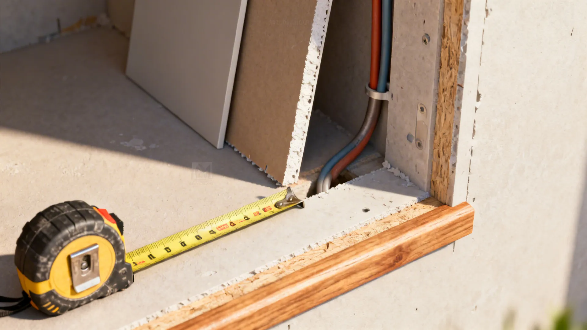 Close-up of measuring tape and electrical conduit during niche installation prep
