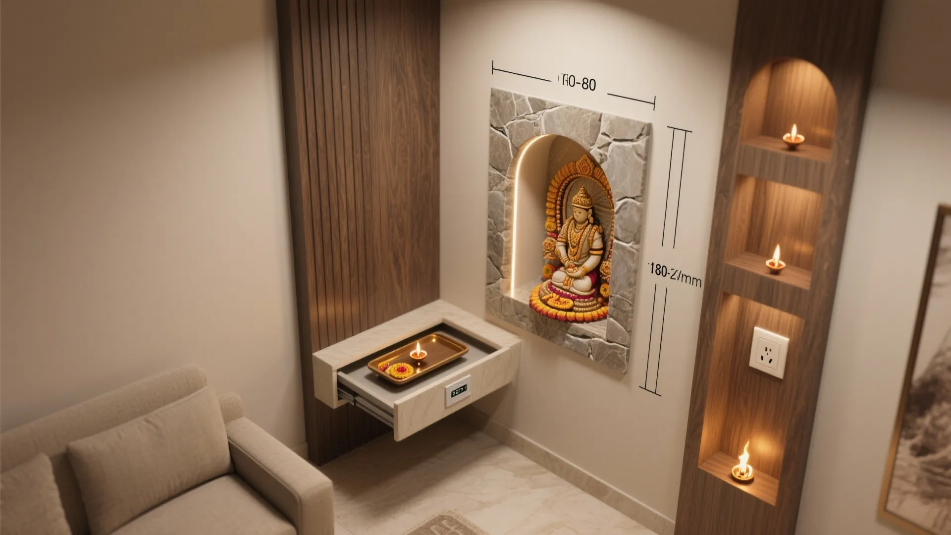 Top-down spatial view of a living wall with a slim niche mandir and safety clearances.