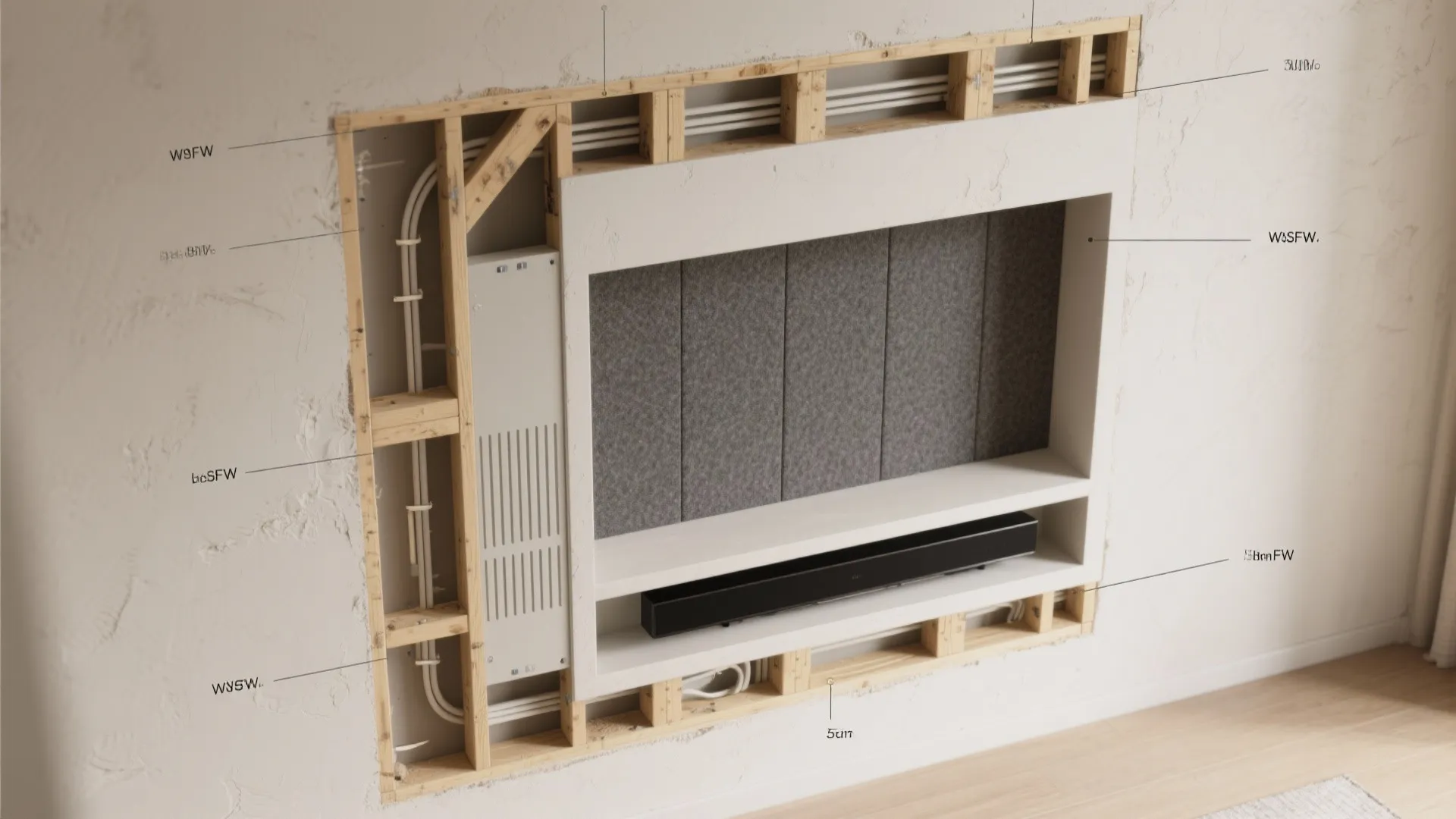 Minimalist plaster niche with soundbar shelf