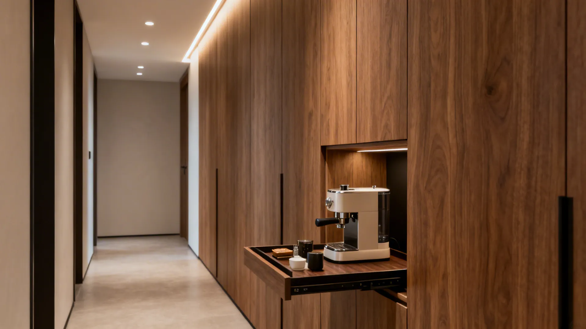 Built-in recessed niche with a pull-out tray supporting an espresso machine and accessories.