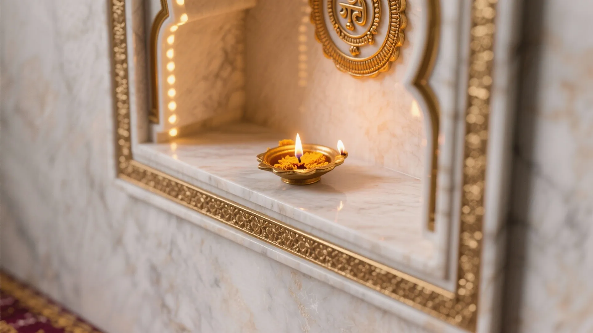Macro detail of quartz ledge and brass diya with soft backlighting.