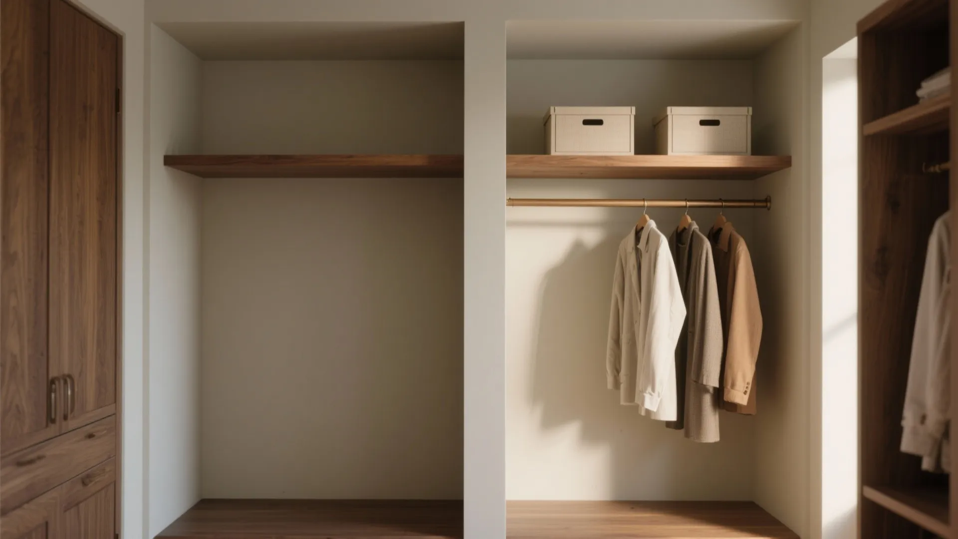 Minimalist built in wooden closet with storage boxes on shelves and clothes hanging on metal rod