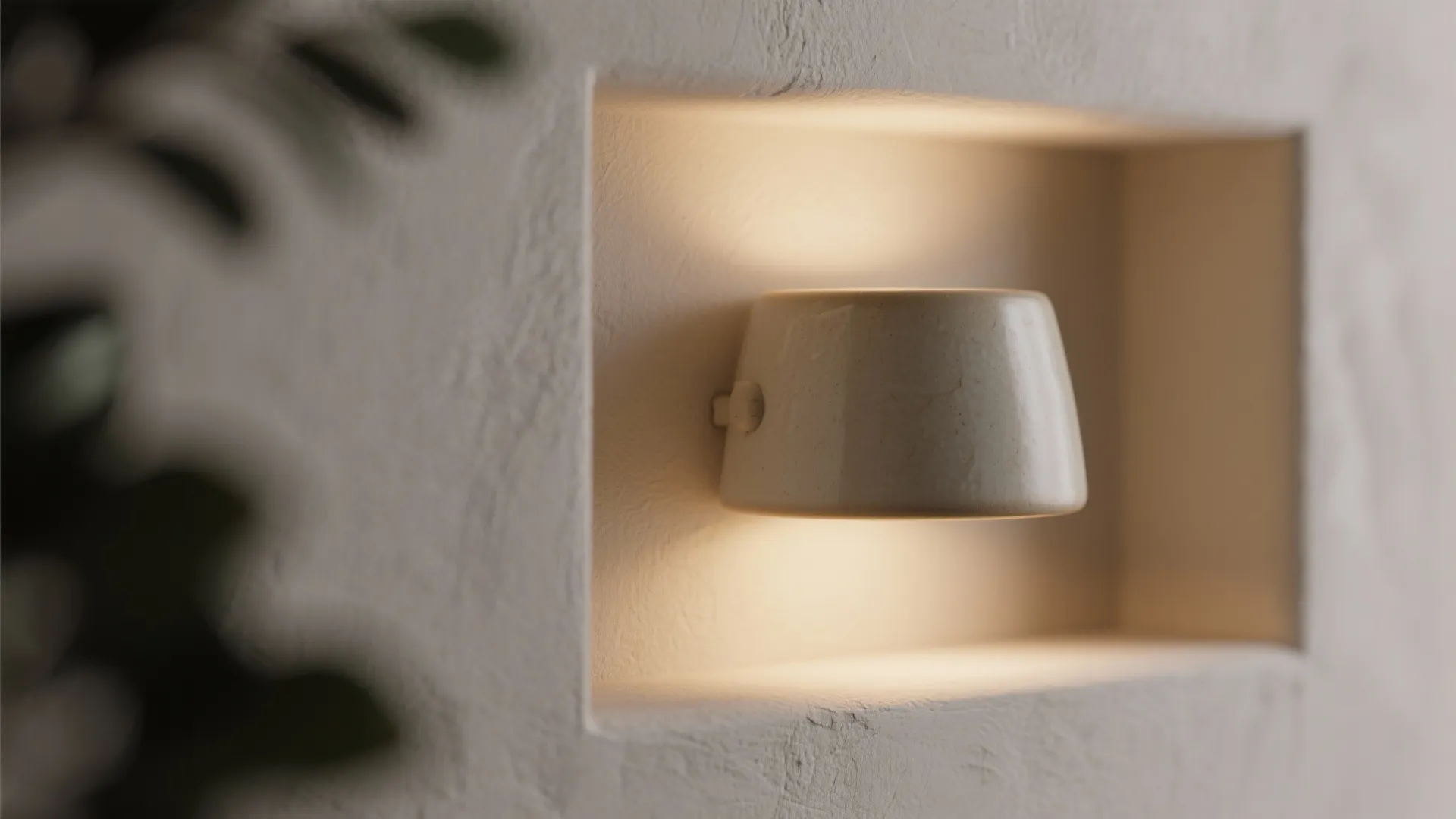 Close-up of a ceramic sconce inside a shallow niche with a 2–3 inch reveal and warm glow.