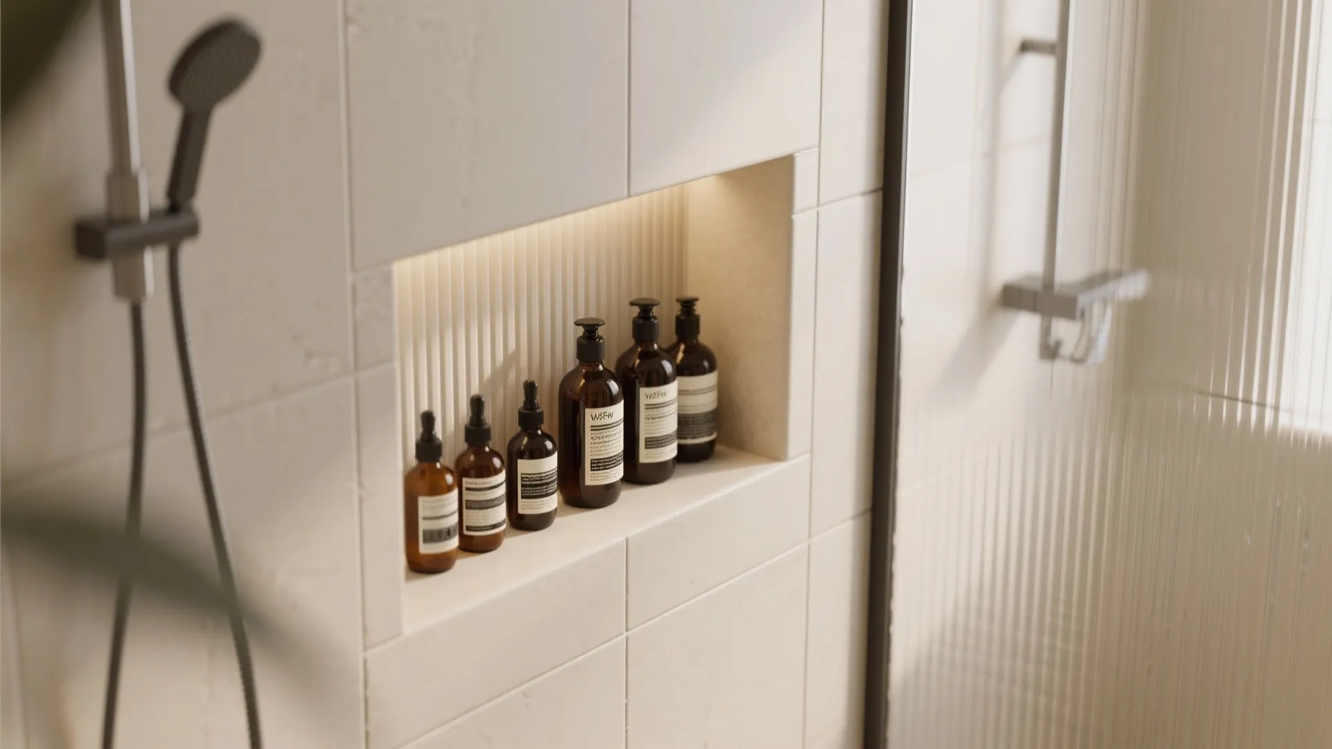 Minimalist bathroom wall niche with brown soap bottles ribbed tiles and built in warm lighting